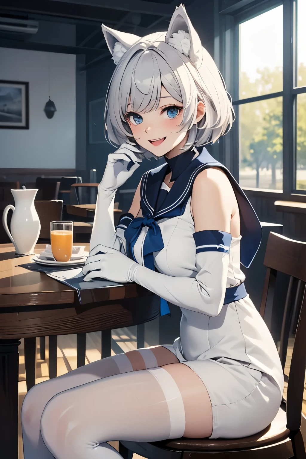 table top　High level image quality　best image quality　8K　 lady（I）　full body portrait　white long gloves（（blanche）（long gloves））　white pantyhose　sailor suit（sleeveless）　wolf ears　short hair（（shortcut）（gray hair）（perm）（fluffy））　eye color is blue　Face seducing（（laughter）（smile）（open your mouth））　sit on a chair