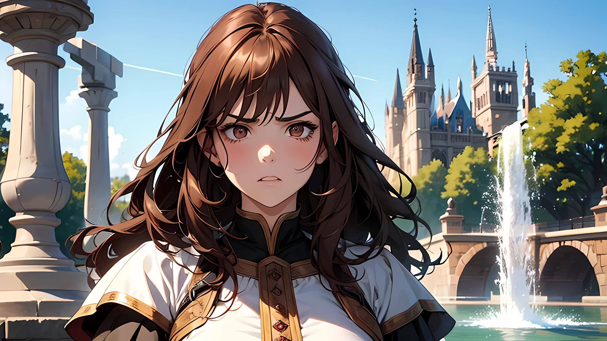 beautiful girl, thick brown hair, brown eyes, plump lips, face detailed, medieval times, in fountain park, blue sky, angry face, full of expression, frown