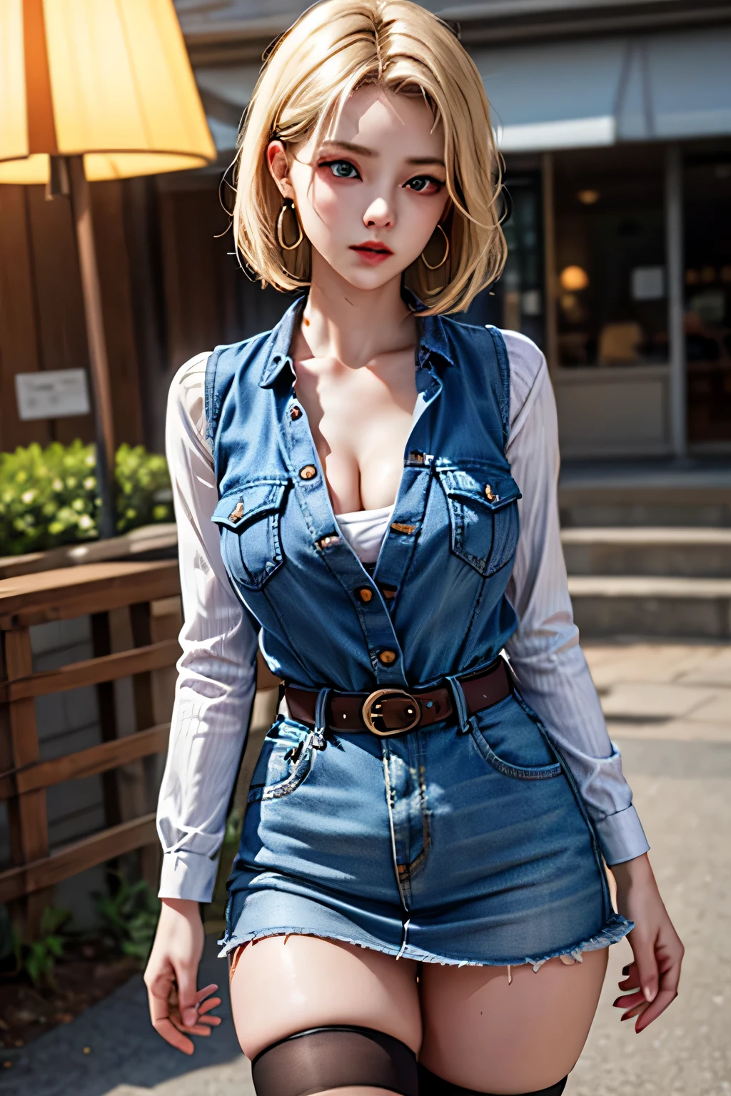 android 18, android 18, blonde hair, blue eyes, eyelash, hoop earrings, short hair, earrings, break belt, black legwear, black shirt, breast pocket, cleavage, clavicle, denim, denim skirt, high-waist skirt, jewelry, long sleeve, pocket, shirt, shirt tucked in, skirt, striped, striped sleeves, waistcoat,, break outdoors, city, null, cloud, sun, break looking at viewer, (cowboy shot:1.5), break (masterpiece:1.2), highest quality, High resolution, unity 8k wallpaper, (shape:0.8), (beautiful and detailed eyes:1.6), highly detailed face, perfect lighting, Very detailed CG, (perfect hands, perfect anatomy)