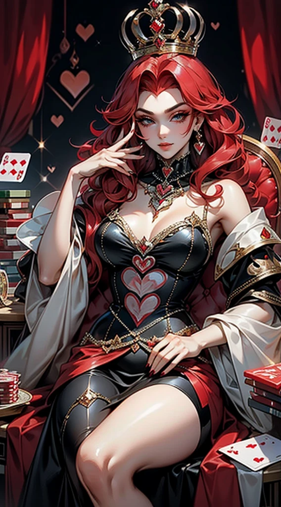 Em um luxuoso cassino, A stunning woman wears an exquisite dress adorned with heart symbols, embodying the royal presence of the Queen of Hearts. Surrounded by a backdrop of poker cards and chips, She exudes confidence and seduction, convidando os jogadores a testar sua sorte e habilidades no jogo de azar. com cabelos curtos, enrolados, cabelos vermelhos (queen of hearts)