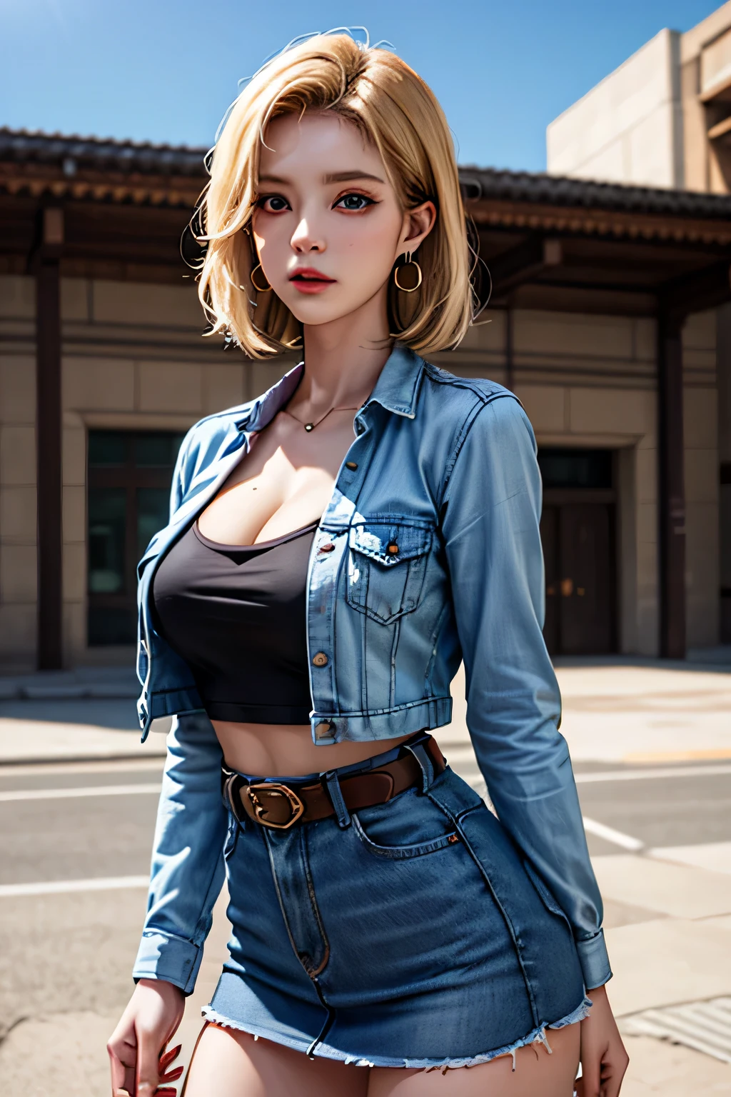 android 18, android 18, blonde hair, blue eyes, eyelash, hoop earrings, short hair, earrings, break belt, black legwear, black shirt, breast pocket, cleavage, clavicle, denim, denim skirt, high-waist skirt, jewelry, long sleeve, pocket, shirt, shirt tucked in, skirt, striped, striped sleeves, waistcoat,, break outdoors, city, null, cloud, sun, break looking at viewer, (cowboy shot:1.5), break (masterpiece:1.2), highest quality, High resolution, unity 8k wallpaper, (shape:0.8), (beautiful and detailed eyes:1.6), highly detailed face, perfect lighting, Very detailed CG, (perfect hands, perfect anatomy)