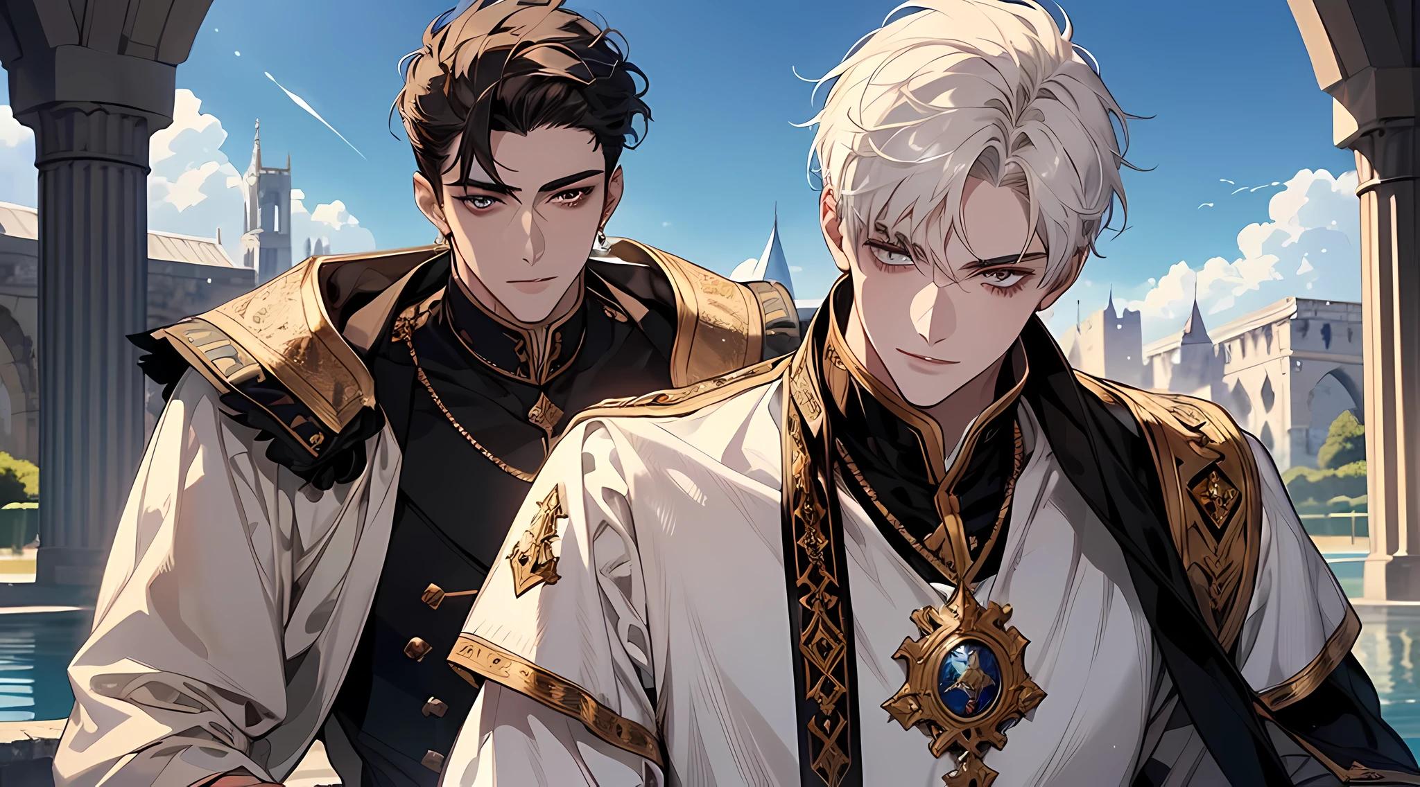 a potrait of 2 man, sharp black short hair, white short hair, sharp golden eyes, wear white royal uniform, detailed face, plump lips, he is knight of light and very handsome ((20 year old face)), in fountain, medieval times, smile, blue sky, brotherhood, 