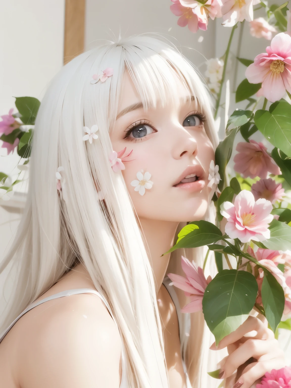 Chica rubia con flores en el pelo posando para una foto., bella delfina, chica perfecta de pelo blanco, linda cara de anime natural, Anime Girl Cosplay, chica anime en la vida real, hermosa chica anime, con el pelo largo y blanco, chica con pelo blanco, inspirado en anime, sakura petals around her, linda chica anime, Estilo anime mezclado con Fujifilm, con pelo largo y blanco