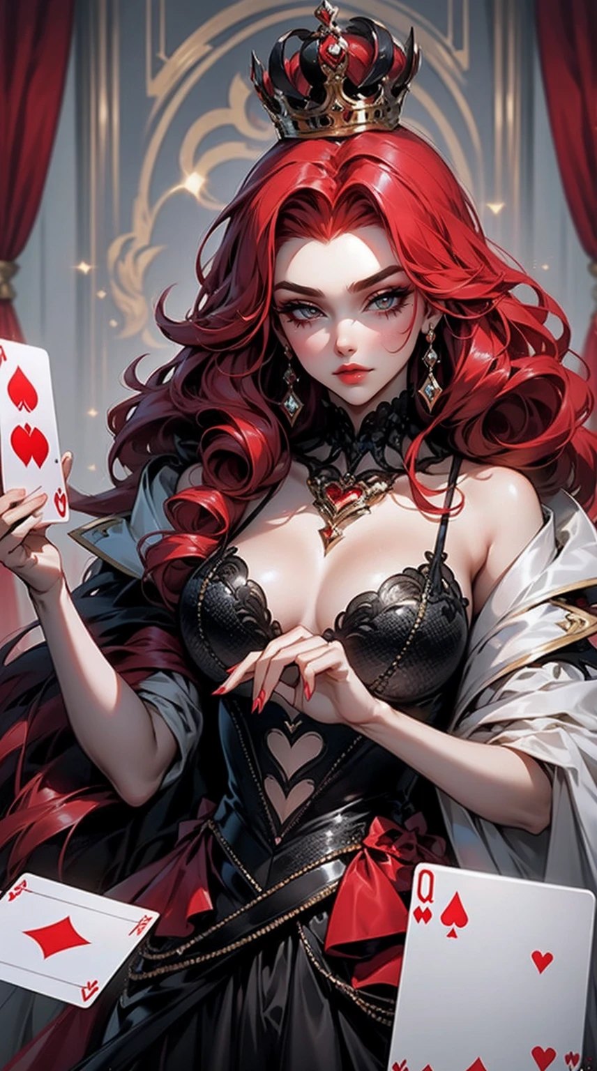 Em um luxuoso cassino, A stunning woman wears an exquisite dress adorned with heart symbols, embodying the royal presence of the Queen of Hearts. Surrounded by a backdrop of poker cards and chips, She exudes confidence and seduction, convidando os jogadores a testar sua sorte e habilidades no jogo de azar. com cabelos curtos, enrolados, cabelos vermelhos (queen of hearts)