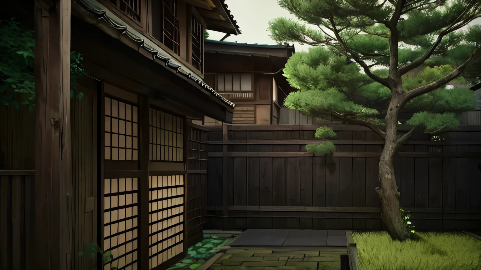 Generate an anime-style image of a dark and narrow backyard from the Edo period, with an old rope hanging vertically to the ground from the branches of a garden tree.。