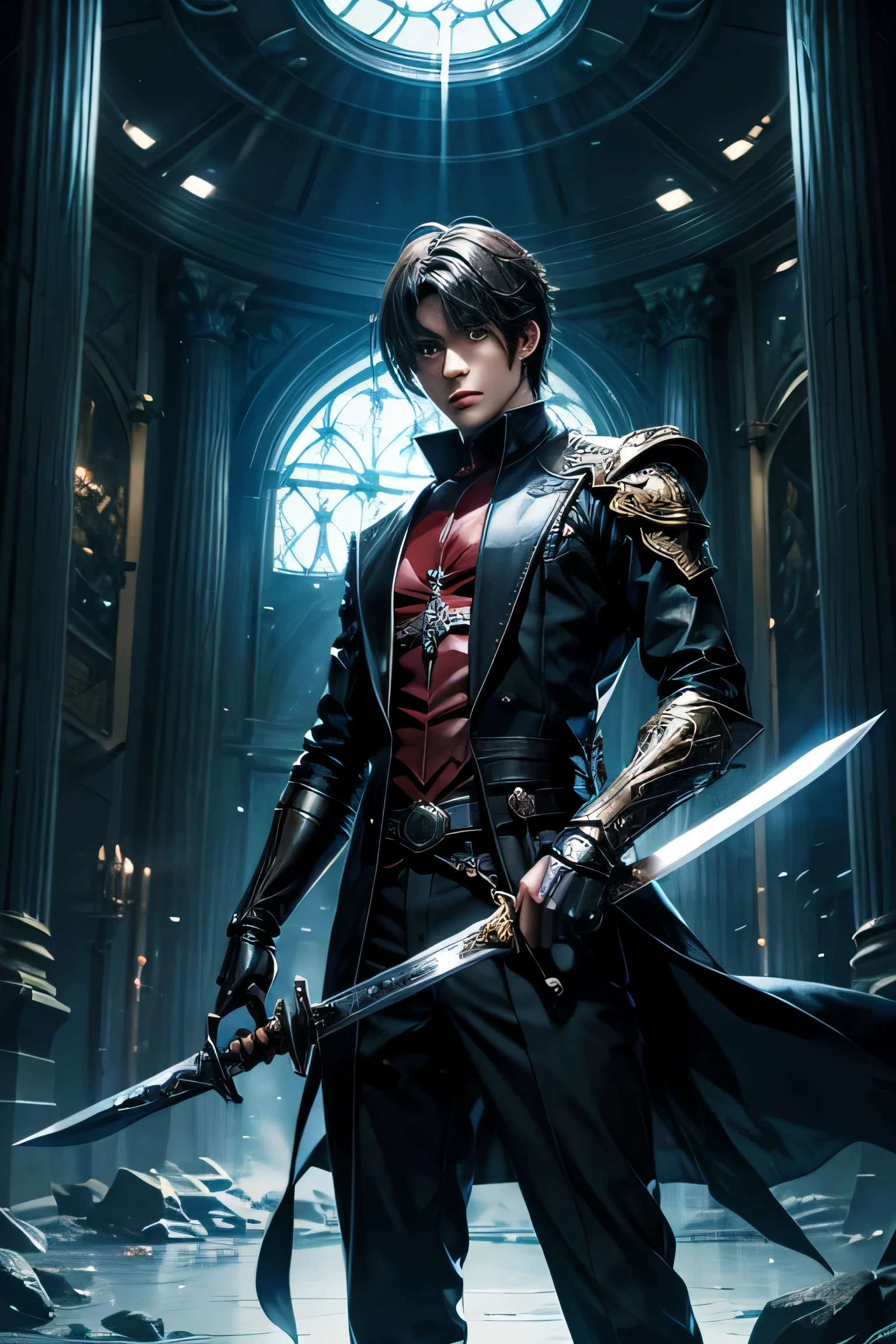 Make a light novel/web novel cover for my male protagonist with his system out with a similar design to "omniscient readers viewpoint" or "lord of the mysteries" or "solo levelling." he should have a suit on with a sword