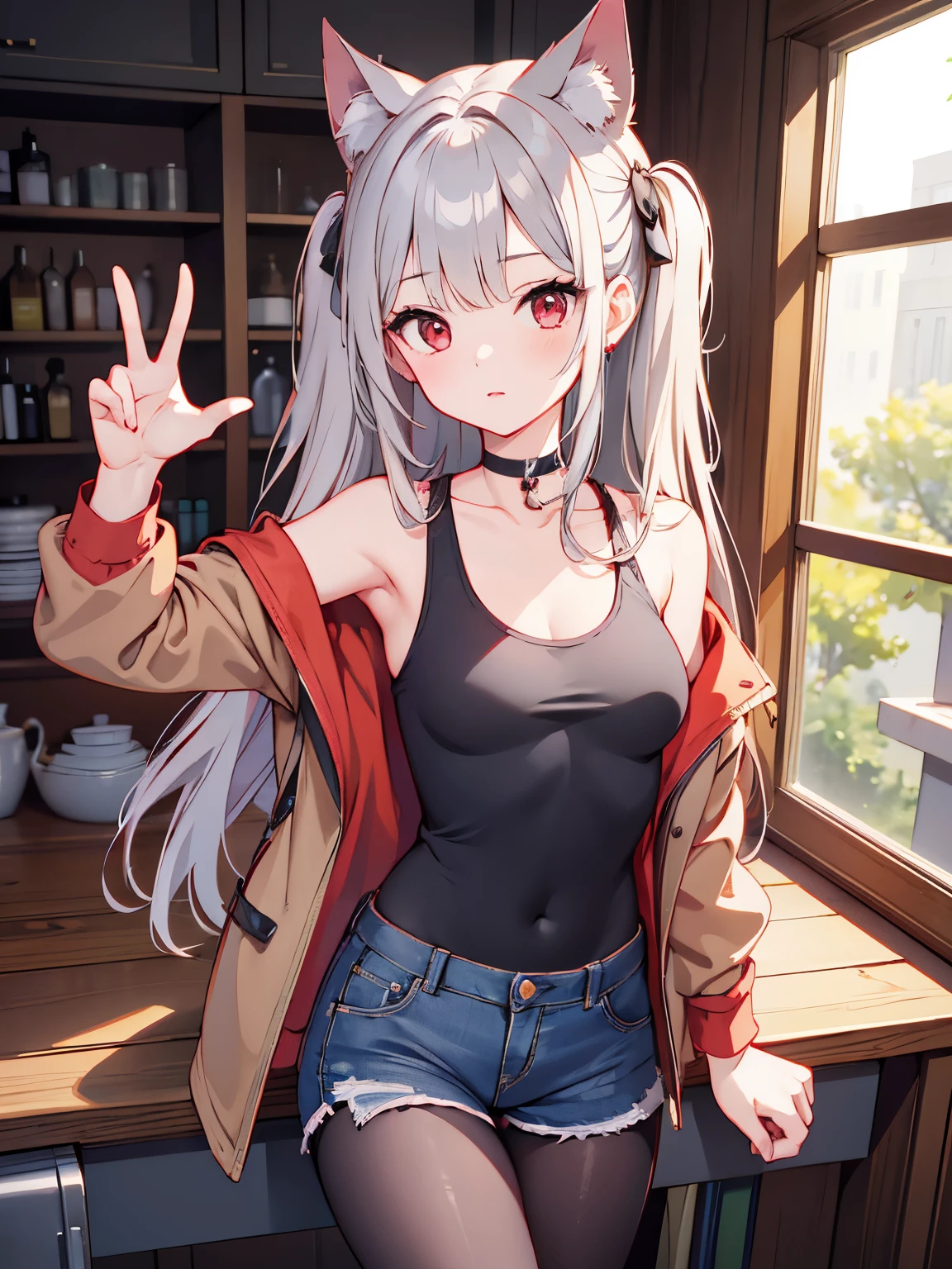 masterpiece, Highest quality, 1 Girl,  beautiful, high resolution, perfect anatomy, Beautiful gray hair、Beautiful red eyes、Longhaire、Tank tops、denim shortpants、a choker、 black pantyhose, brown jacket, selfie style、selfee、piece、piece sign、 8K、a beauty girl、 Nice、 Beautiful hair、 Beautiful eyes、 Beautiful skin、Beautiful legs、Beautiful arms、Perfect fingers、 Very cute、 Very kawaii、