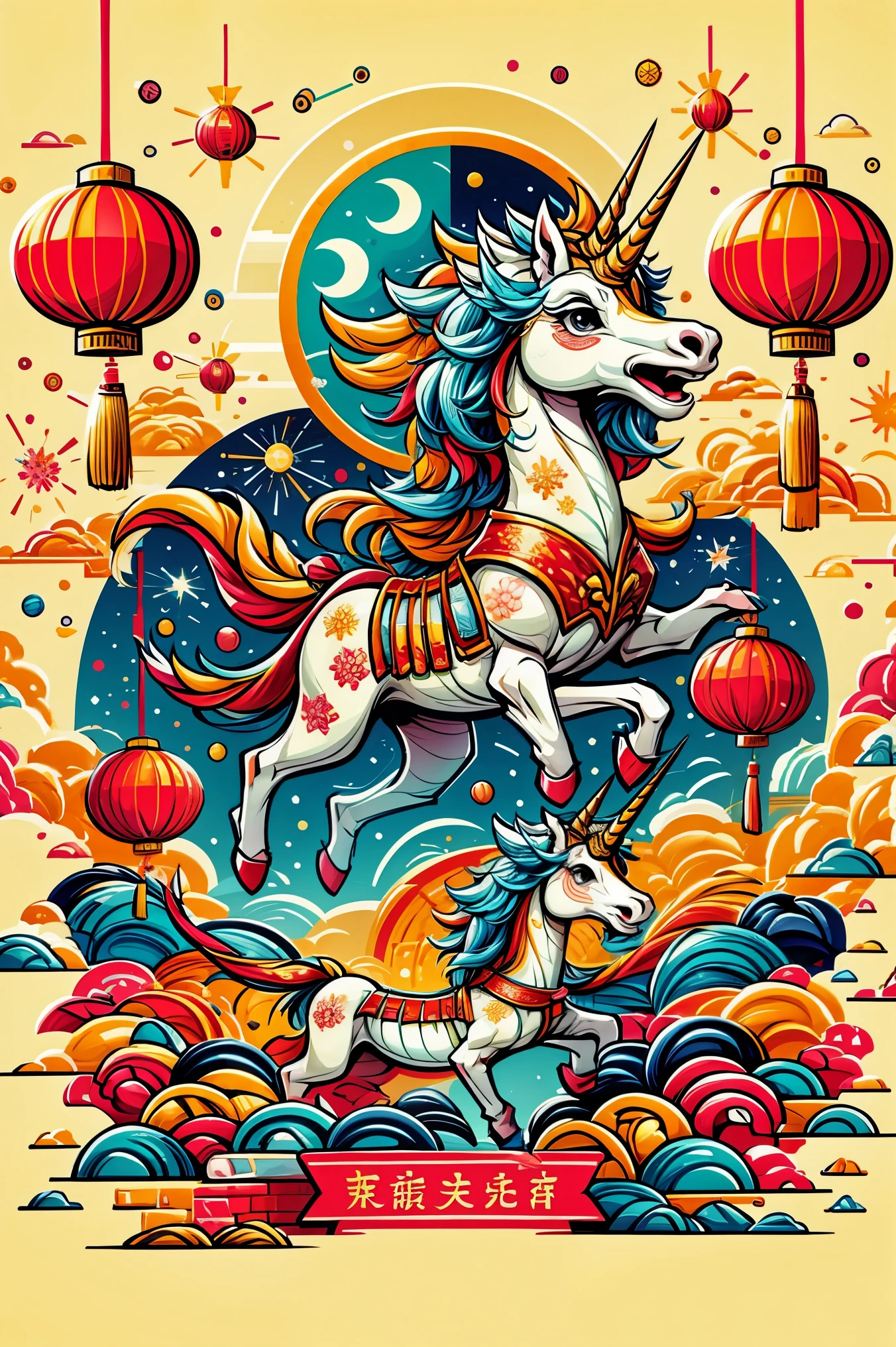 Professional t-shirt design vector, truly impressive, 8k, ultra high definition, Cute style illustration of 1 legendary unicorn, Wearing traditional New Year&#39;s clothing, Vincent van Gogh《starry night》style of，The festive background incorporates Chinese New Year elements such as fireworks, firecracker, and spring couplets. Images should blend with rotation, 活泼可爱的“starry night”风格, whimsical aesthetic.