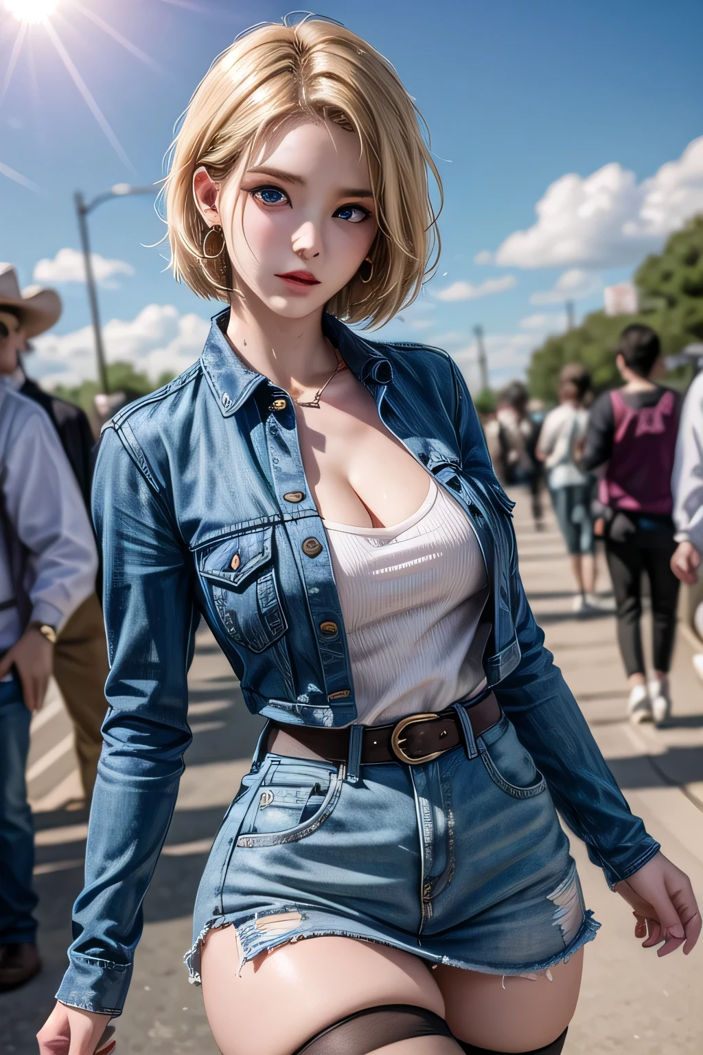 android 18, android 18, blonde hair, blue eyes, eyelash, hoop earrings, short hair, earrings, break belt, black legwear, black shirt, breast pocket, cleavage, clavicle, denim, denim skirt, high-waist skirt, jewelry, long sleeve, pocket, shirt, shirt tucked in, skirt, striped, striped sleeves, waistcoat,, break outdoors, city, null, cloud, sun, break looking at viewer, (cowboy shot:1.5), break (masterpiece:1.2), highest quality, High resolution, unity 8k wallpaper, (shape:0.8), (beautiful and detailed eyes:1.6), highly detailed face, perfect lighting, Very detailed CG, (perfect hands, perfect anatomy)