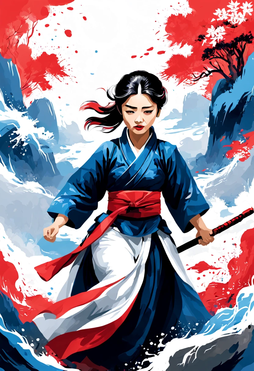 blue and red and graphic logo illustration of modern war, vector, clean design, intricate detail, monochromatic color, solid white background, made with adobe illustrator, in the style of Studio Gibli, nature,A woman wearing a hanbok and practicing martial arts with a sword, splash, color splash, Hanok background