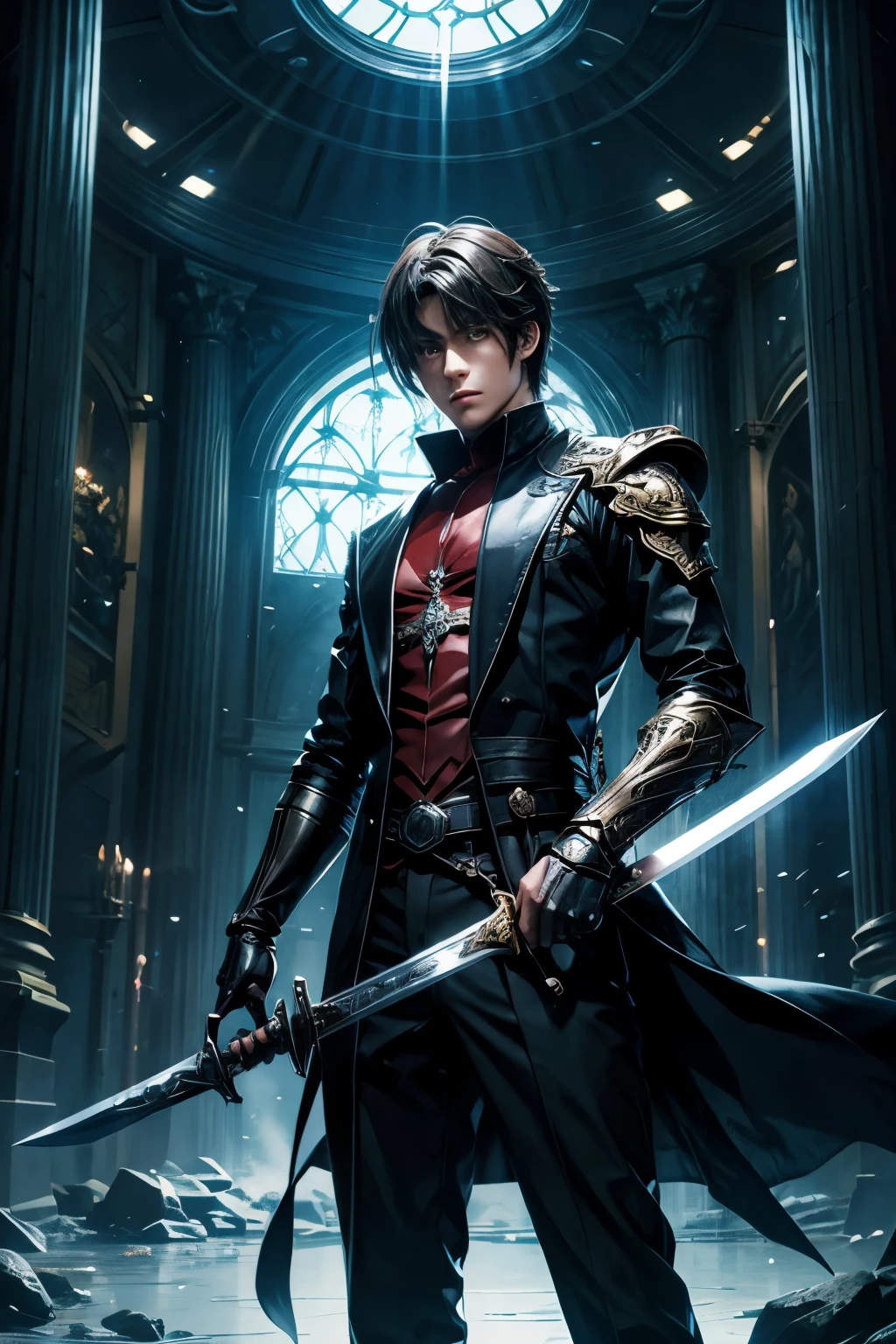 Make a light novel/web novel cover for my male protagonist with his system out with a similar design to "omniscient readers viewpoint" or "lord of the mysteries" or "solo levelling." he should have a suit on with a sword