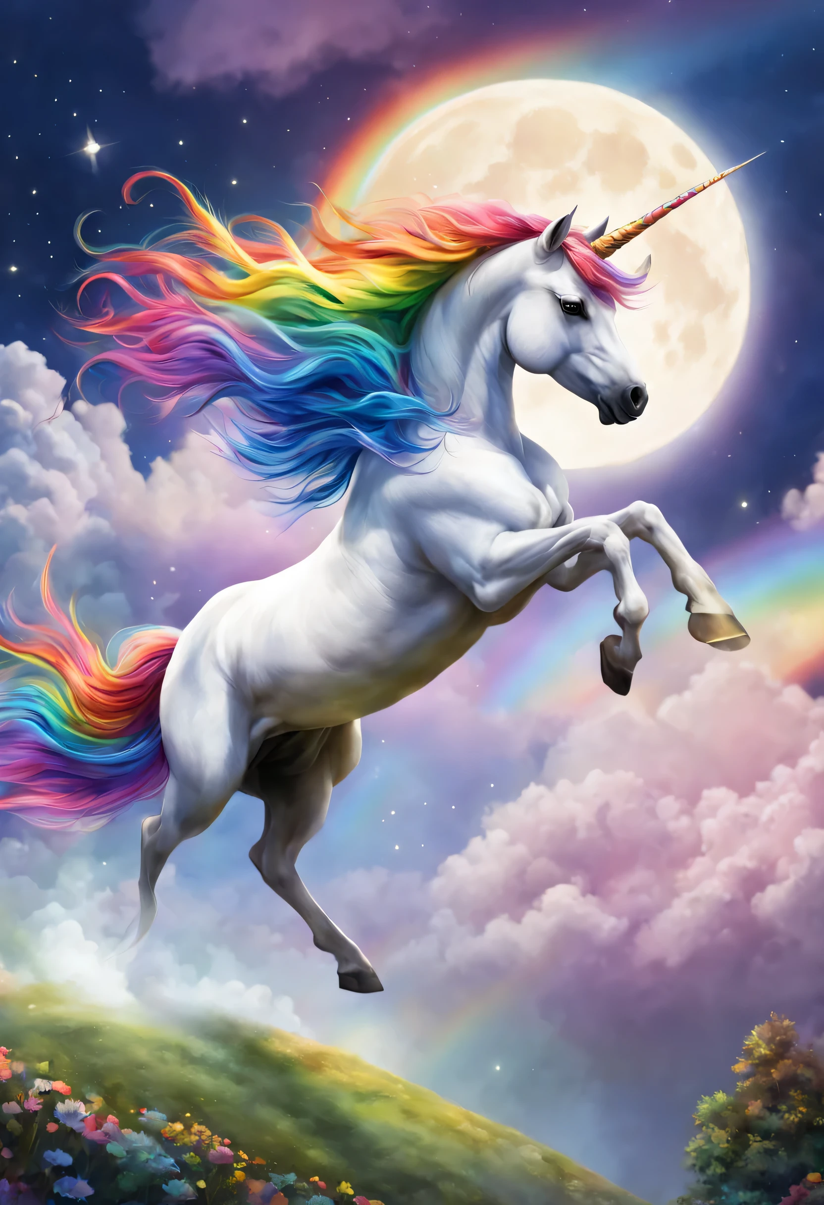 fantasy unicorn, fantasy theme, fantasy theme, rainbow colored mane, fantasy theme, rainbow colored mane, Racing through the skies, full moon,