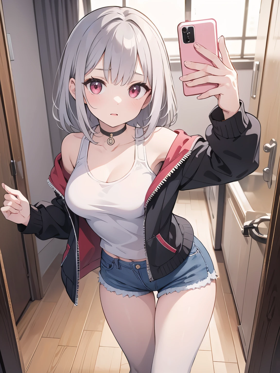 masterpiece, Highest quality, 1 Girl,  beautiful, high resolution, perfect anatomy, Beautiful gray hair、Beautiful red eyes、Longhaire、Tank tops、denim shortpants、a choker、 black pantyhose, brown jacket, selfie style、selfee、piece、piece sign、 8K、a beauty girl、 Nice、 Beautiful hair、 Beautiful eyes、 Beautiful skin、Beautiful legs、Beautiful arms、Perfect fingers、 Very cute、 Very kawaii、