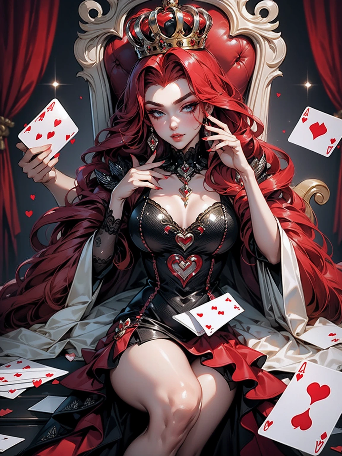 Em um luxuoso cassino, A stunning woman wears an exquisite dress adorned with heart symbols, embodying the royal presence of the Queen of Hearts. Surrounded by a backdrop of poker cards and chips, She exudes confidence and seduction, convidando os jogadores a testar sua sorte e habilidades no jogo de azar. com cabelos curtos, enrolados, cabelos vermelhos (queen of hearts)