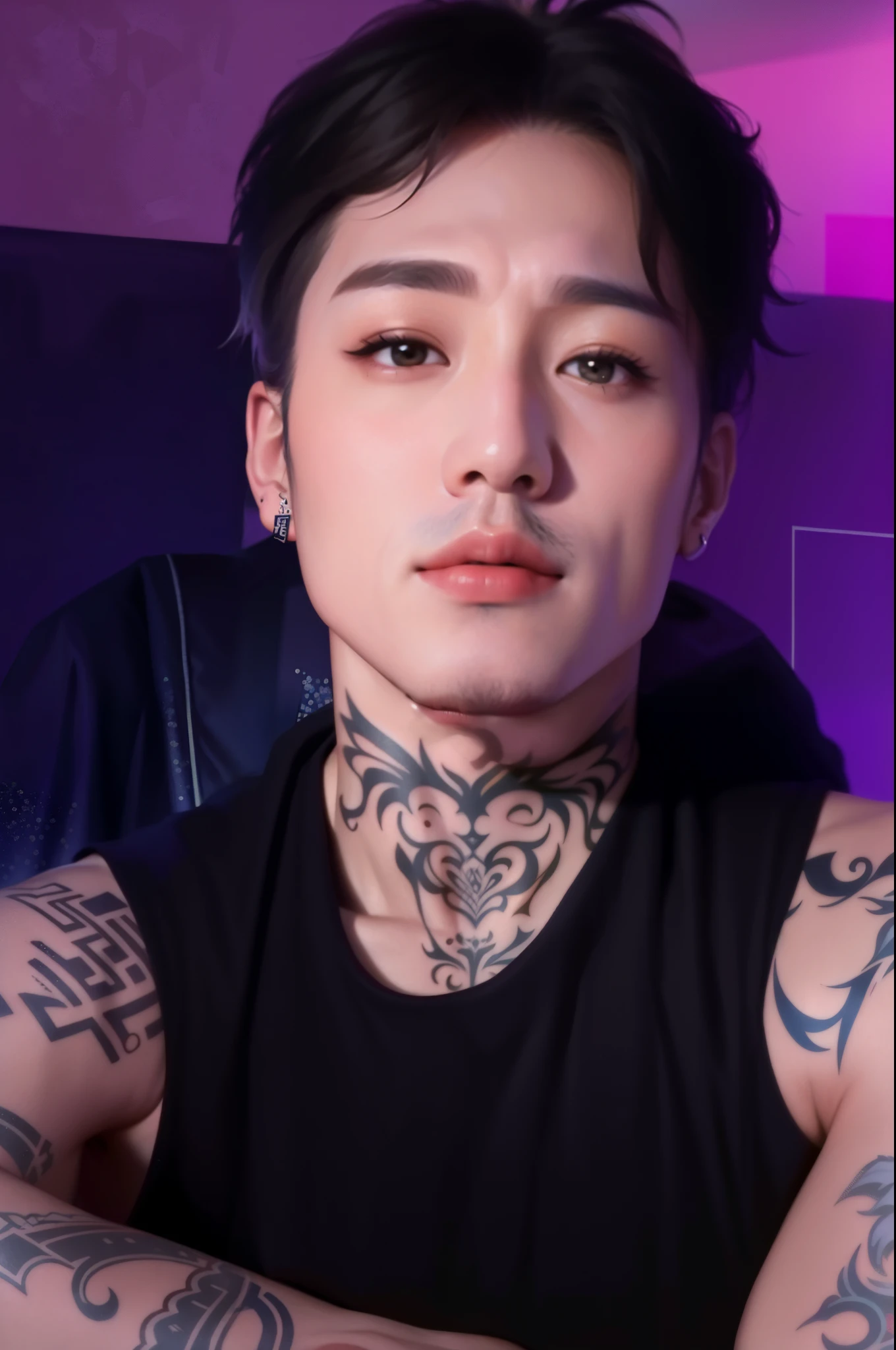 a closeup of a person with tattoos on their arms, twitch streamer / jogador ludwig, twitch streamer, bladee da gangue de drenagem, homem sul-coreano, foto do perfil 1024px, Yanjun Chengt, neck beard, Hong junho hyung, Longque Chen, profile picture with headshot, muito tempo, half body head shot, tatuado, asian man, cai xukun, bts V