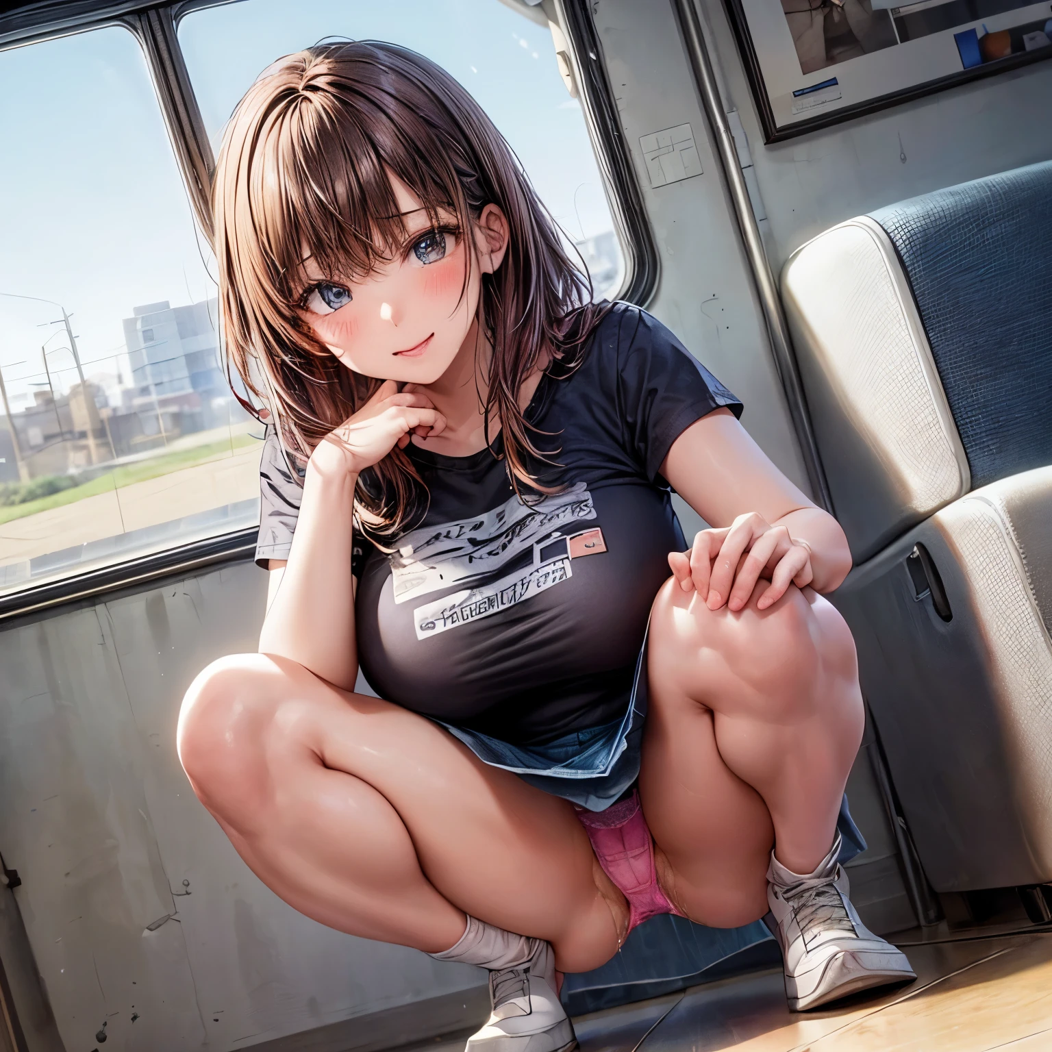 NSFW, ((masterpiece)), ((highest quality)), (super detailed), ((cute)), (cute), (Lovely), ((sexy)), (device), ((very detailed)), 4K, (8K), highest quality, (beautiful), anime style, realistic, real, (((view from below))), character focus, in the train, 1 girl, solo, cute girl, ((T-shirt, denim miniskirt)), (hyper cute face), beautiful light brown hair, beautiful black eyes, ((beautiful eyes)), large breasts, embarrassing, blush, (squatting, panties shot:1.5), shiny, shine
