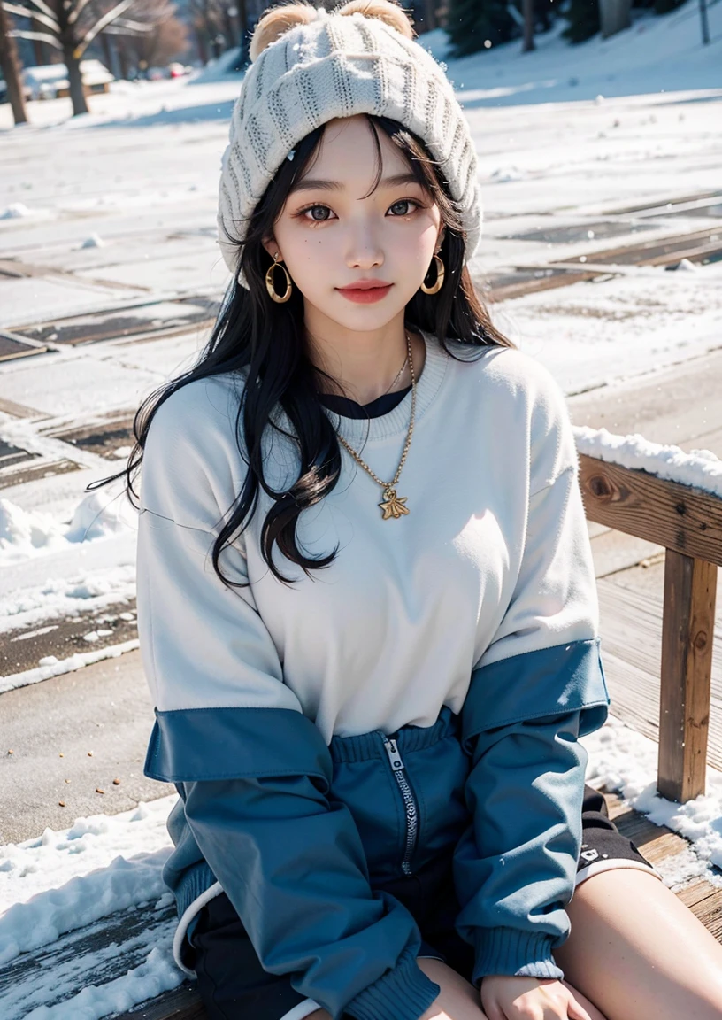 highest quality,8K, Detailed facial depiction, Detailed description of the eyes, black hair(long wavy hair),beautiful korean girl, 21 years old, Ski clothes, Bear Breast, Because I&#39;m slender, medium chest size, sit with legs apart, smile, Colorful earrings, necklace,snow