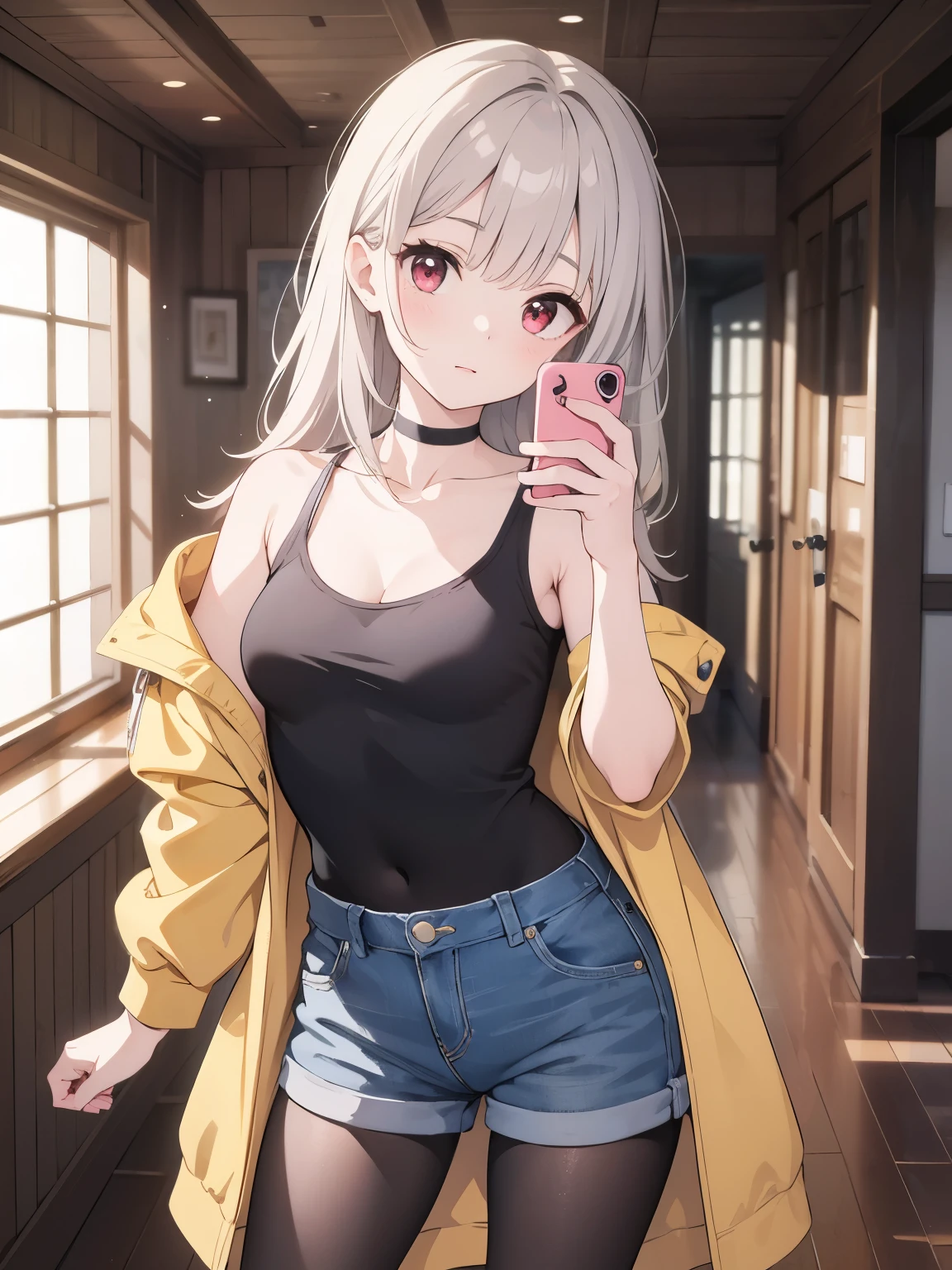 masterpiece, Highest quality, 1 Girl, beautiful, high resolution, perfect anatomy, Beautiful gray hair、Beautiful red eyes、Longhaire、Tank tops、denim shortpants、a choker、 black pantyhose, brown jacket, selfie style、selfee、piece、piece sign、 8K、a beauty girl、 Nice、 Beautiful hair、 Beautiful eyes、 Beautiful skin、Beautiful legs、Beautiful arms、Perfect fingers、 Very cute、 Very kawaii、
