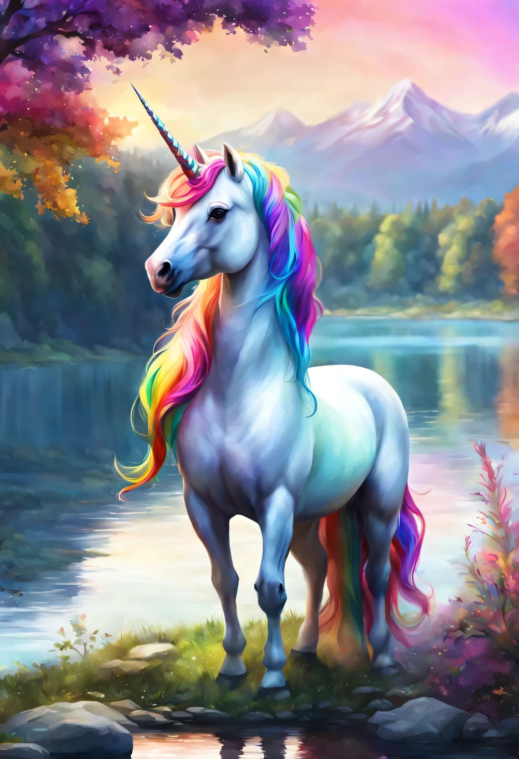 fantasy unicorn, fantasy theme, rainbow colored mane, by the lake, elegant, peaceful, elegant