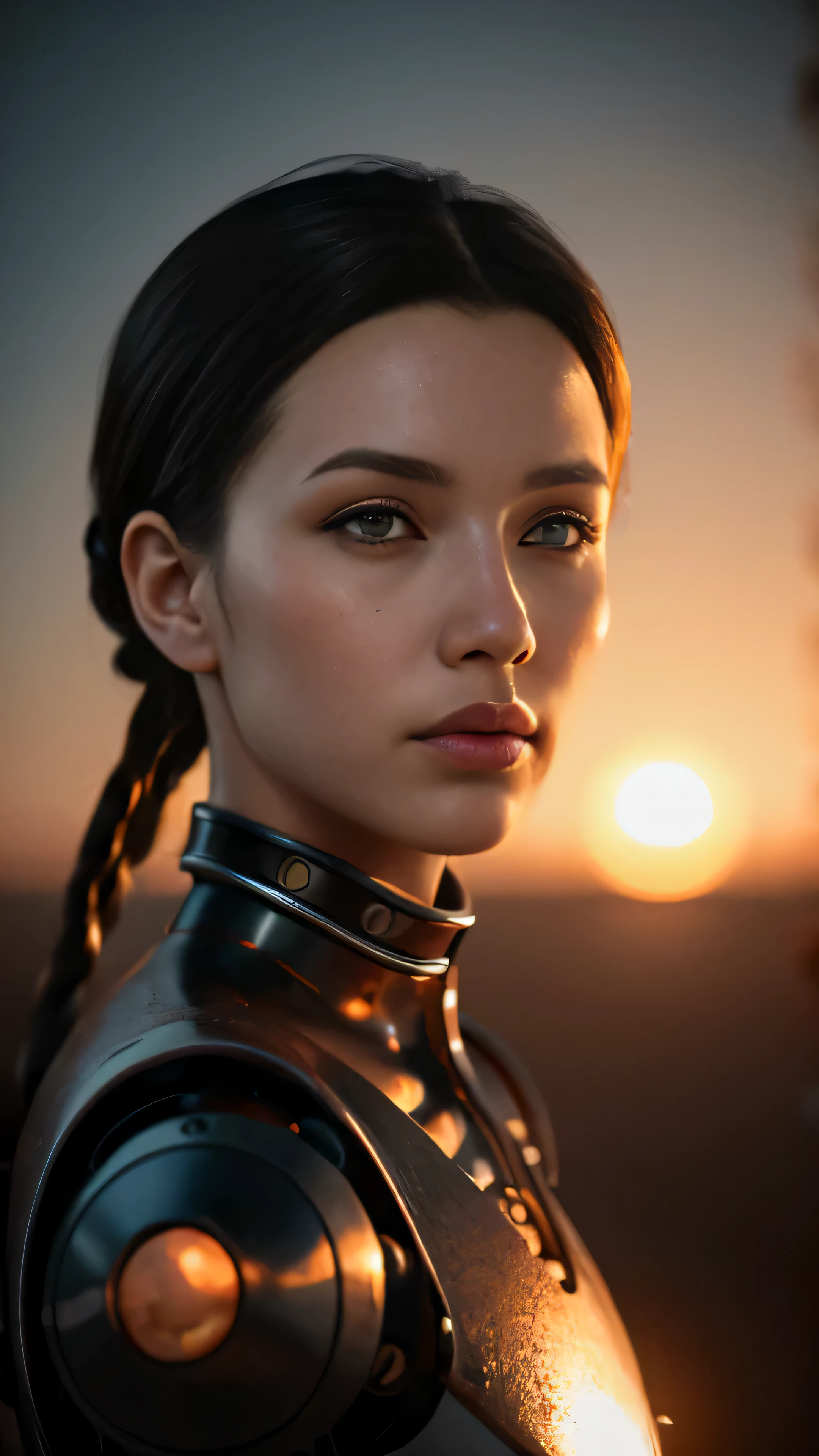 Portrait of a steampunk robot woman, intricately detailed, digital lighting, sunset gradient, trending artstation hq, octane render, unreal engine 4 mdjrny-v4 style