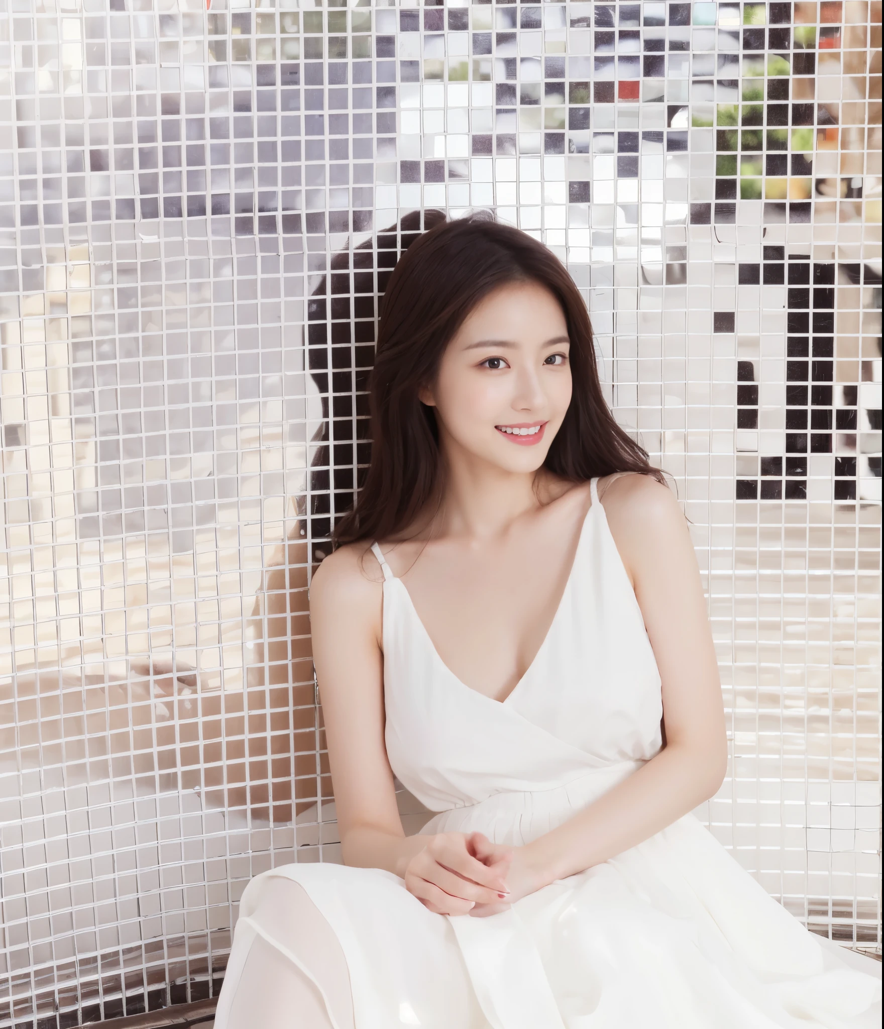 ((​Masterpiece, Top image quality, high resolution、alone、shiny skin))(on the table, best quality, actual, super detailed, meticulous, high resolution, 8k wallpaper), Close-up portrait of a beautiful woman, Chariada, smiling, light brown messy hair, Perfect dynamic composition, 美丽meticulous的眼睛, Just like the cover of a fashion magazine, on campus