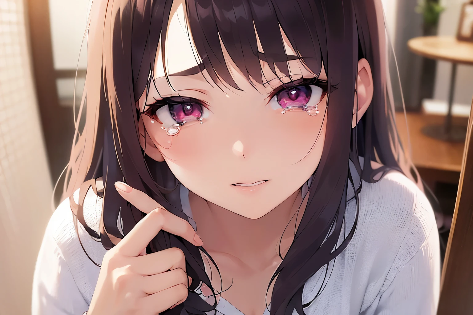 Touching cheek, shooting from above、real person, RAW photo, photorealistic, portrait photography, shiny skin, japanese idol、A 25-year-old woman with bright chestnut bangs.、(long wavy hair) and (pink eyes), (white long Sleeve V-neck Blouse:1.2), (tears:1.3), The background is a café、Alone