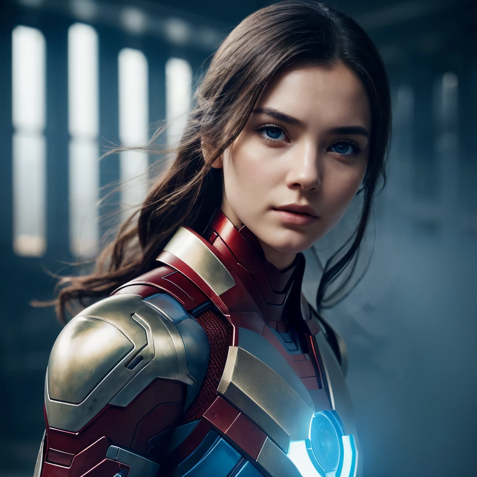 (1girl:1.3), Solo, (((Very detailed face)))), ((Very detailed eyes and face)))), Beautiful detail eyes, Body parts__, Official art, Unified 8k wallpaper, Super detailed, beautiful and beautiful, beautiful, masterpiece, best quality, original, masterpiece, super fine photo, best quality, super high resolution, realistic realism, sunlight, full body portrait, amazing beauty, dynamic pose, delicate face, vibrant eyes, (from the front), She wears an Iron Man suit, blue and black color scheme, war armor, very detailed buildings background, detailed face, detailed complex busy background, messy, gorgeous, milky white, highly detailed skin, realistic skin details, visible pores, clear focus, volumetric fog, 8k uhd, DSLR, high quality, film grain, fair skin, photo realism, lomography, futuristic dystopian megalopolis, seen from below, translucent