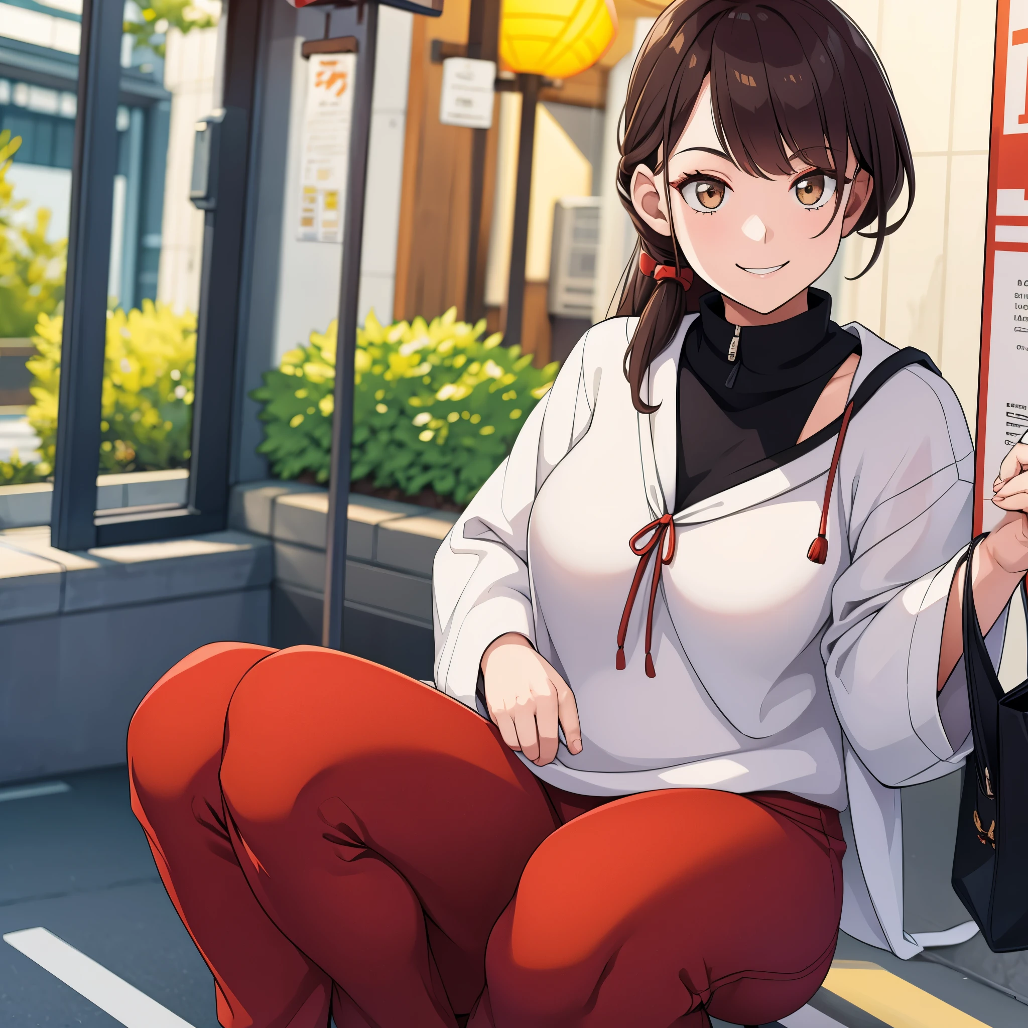 a woman in tokyo in casual clothes, smiling
