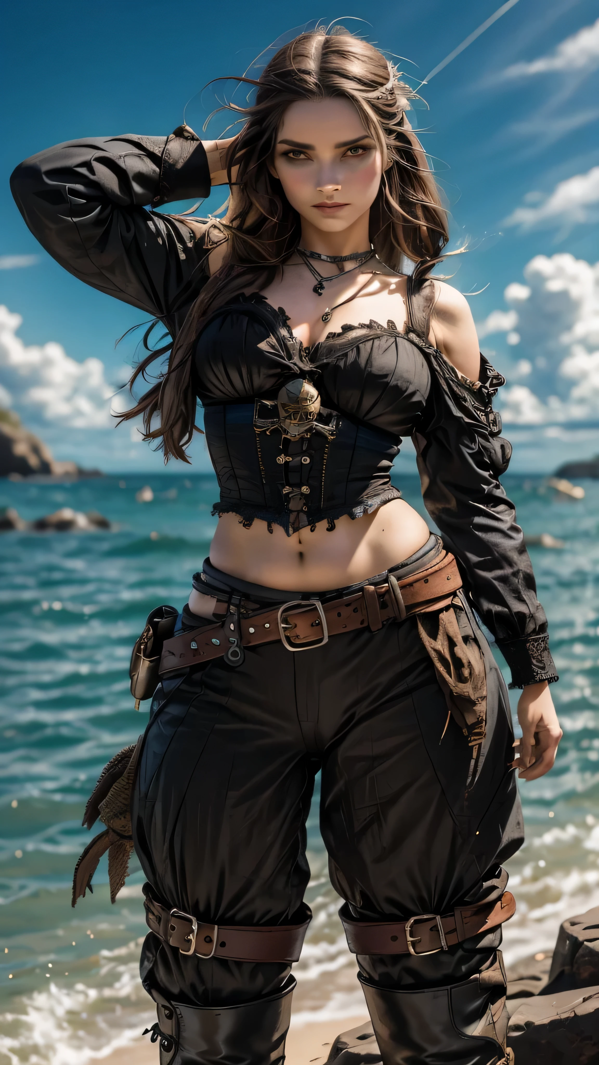 garota pirata,corpo inteiro,roupas rasgadas,corset,botas de couro,segurando uma espada pirata,cabelos vermelhos e preto ,Braided hair,serious expression,pose sexy,serios pequenos,quadril largo, navio pirata ao fundo, piradas do caribe, sea of thieves, skull and bones, ilha ao fundo, alto mar, detalhado, hand-drawn, art nouveau