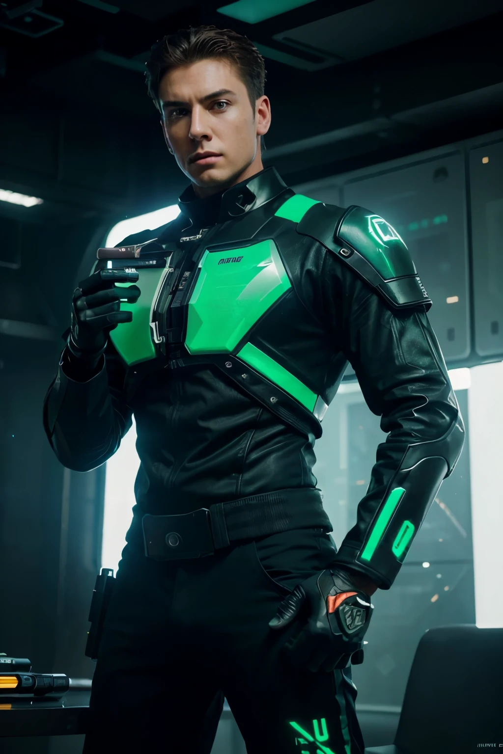 create an wallpaper to computer an male agent holding a silent pistol in front of a giant robot, photo realistic, space background, ambient green light , hyper realistic, music, cool, Tone Mapping, CGI, VFX, SFX, insanely detailed and intricate, hypermaximalist, elegant, hyper realistic, super detailed, dynamic pose, photography, wallpaper style,