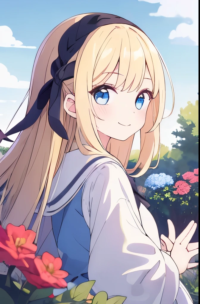 Garden background, highest quality, alone, 1 girl, fit, (blonde hair), (Black Hair Ribbon), (long hair), pale blue eyes, alice in wonderland, Alice's clothes、 one piece, bye-bye、wave hands、片手を上に上げてbye-bye、innocent smile