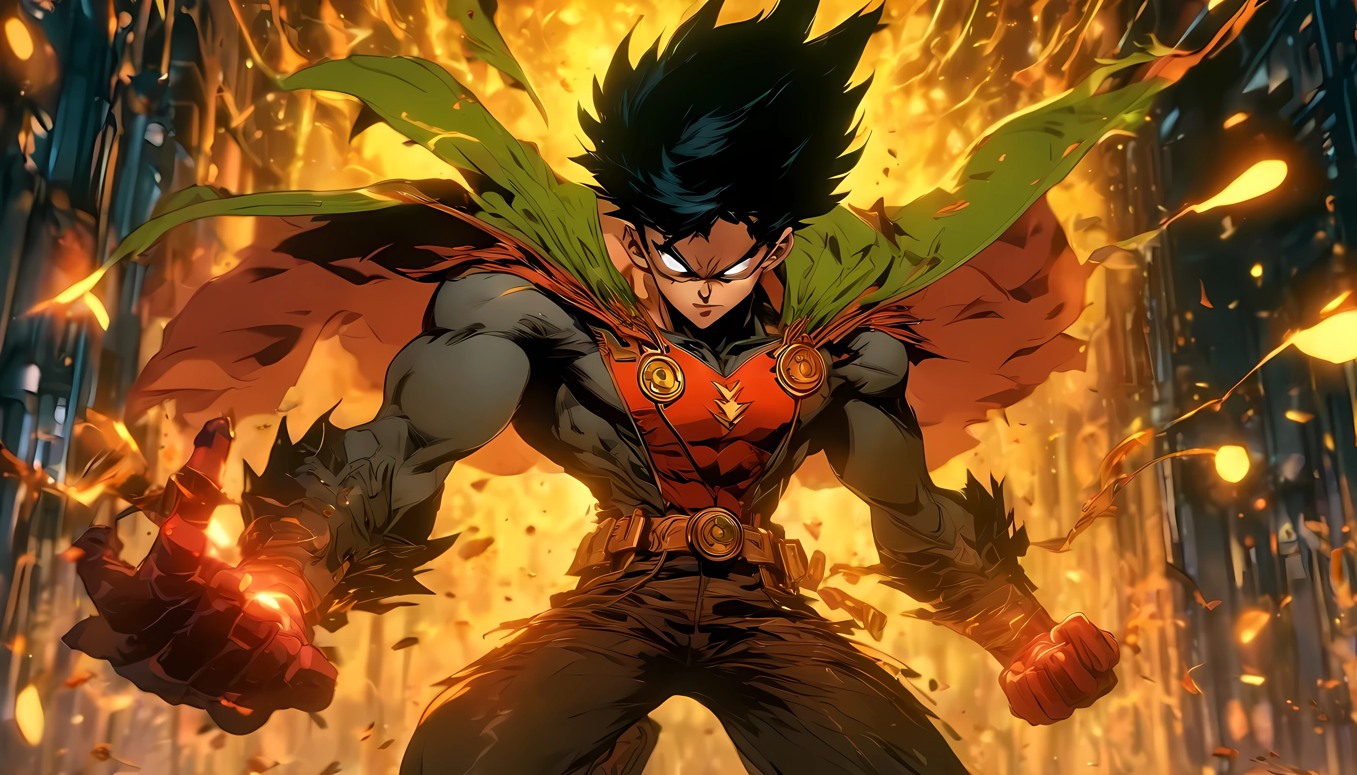 robin from dc comic as a villain who absorb power from other heroes, standing pose, evil facial expression, standing like a villain, in the middle of laboratory, full-body illustration, best quality, ultra quality, absurd details, best light, best shadow, sharp, sharp picture, detailed face, detailed eyes, detailed, extremely detailed, great resolution, 8k, 4k, uhd, ray tracing, beautiful effects, full-body illustration
