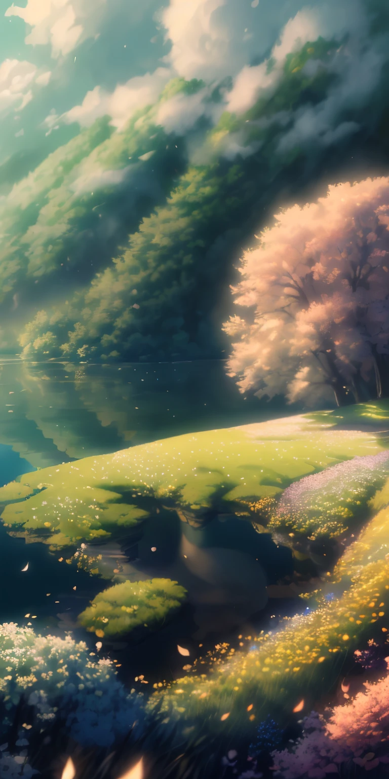 (best quality,masterpiece,ultra-detailed,8k wallpaper,highres:1.2),natural,delicate leaves,rainbow-colored petals floating in the air,ray tracing,two boats,long exposure super detailed-v6, (best quality), (best illustration), (best shadows)