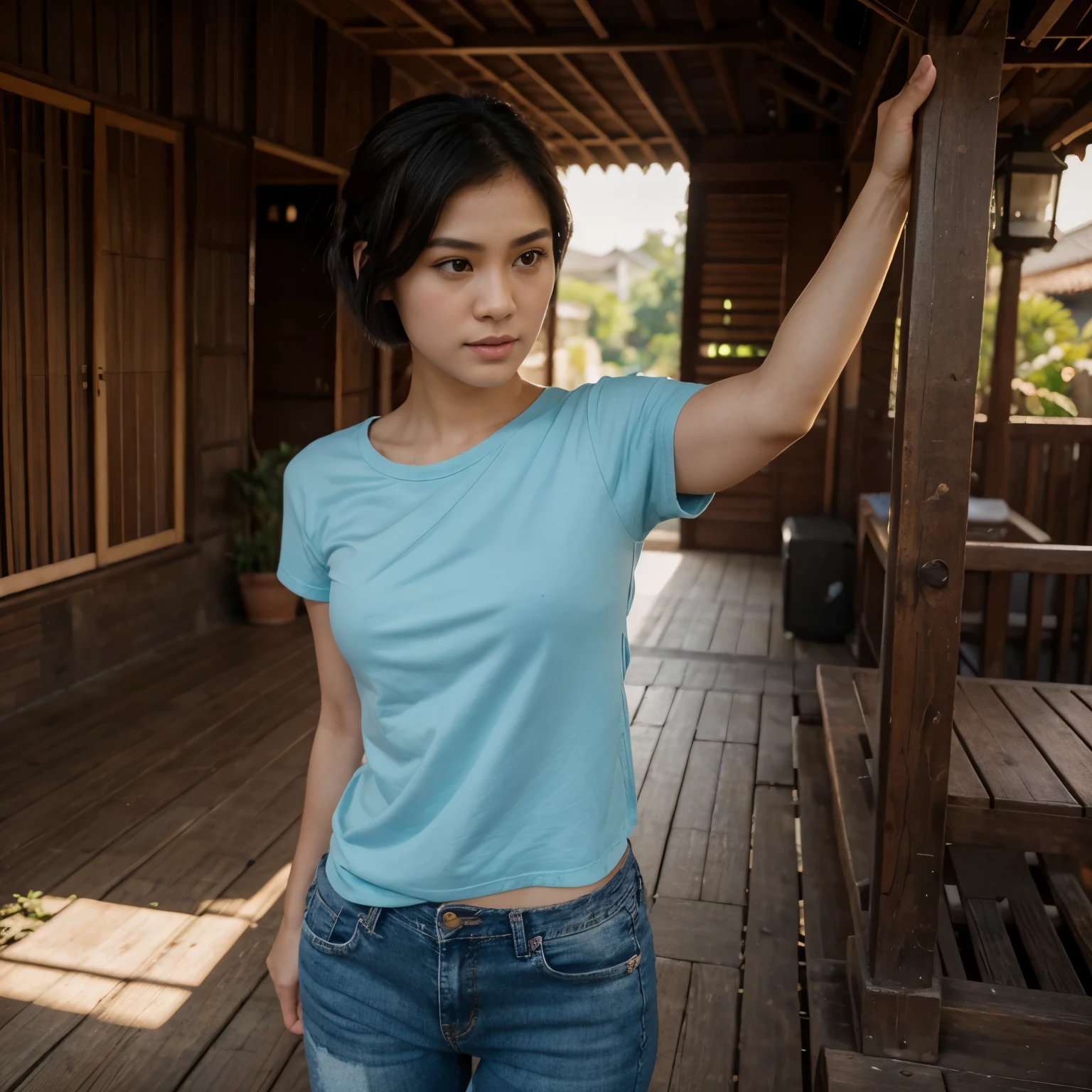 Beautiful girl, 25 years old, short hair ponytail, Wear comfortable clothes at home. Standing saying husband A handsome Thai man, 25 years old, short black hair, wearing a blue short-sleeved shirt. Long jeans Wearing sneakers, feeling drunk. The background is a beautiful Thai wooden house. Evening sky Photo realisticg the lighting is warm and inviting, casting gentle shadows that dance around themo