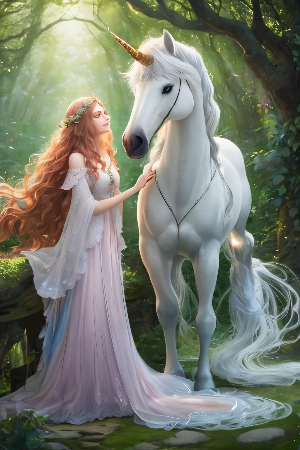 A captivating full body shot of a radiant maiden in a whimsical enchanted forest, tenderly caressing a majestic unicorn with iridescent horn, bathed in ethereal moonlight. The maiden, adorned in a flowing gown of pastel hues, shows a gentle smile on her angelic face. Her long, wavy auburn hair cascades down her back, blending seamlessly with the lush greenery. The unicorn, with its radiant mane and tail, looks intently at the maiden with trust and affection, reflecting the magic and wonder of the fantasy realm. The scene, depicted in an --ar 
