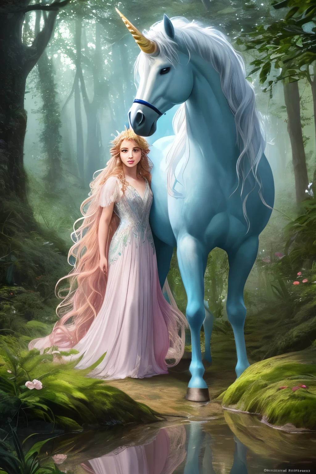 A captivating full body shot of a radiant maiden in a whimsical enchanted forest, tenderly caressing a majestic unicorn with iridescent horn, bathed in ethereal moonlight. The maiden, adorned in a flowing gown of pastel hues, shows a gentle smile on her angelic face. Her long, wavy auburn hair cascades down her back, blending seamlessly with the lush greenery. The unicorn, with its radiant mane and tail, looks intently at the maiden with trust and affection, reflecting the magic and wonder of the fantasy realm. The scene, depicted in an --ar