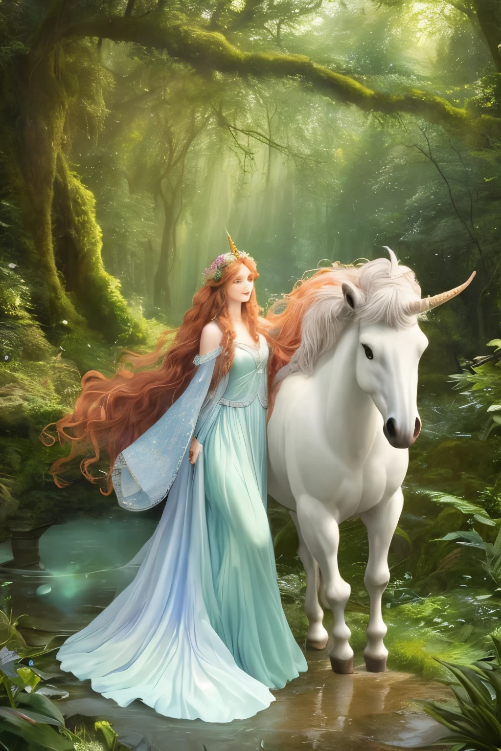 A captivating full body shot of a radiant maiden in a whimsical enchanted forest, tenderly caressing a majestic unicorn with iridescent horn, bathed in ethereal moonlight. The maiden, adorned in a flowing gown of pastel hues, shows a gentle smile on her angelic face. Her long, wavy auburn hair cascades down her back, blending seamlessly with the lush greenery. The unicorn, with its radiant mane and tail, looks intently at the maiden with trust and affection, reflecting the magic and wonder of the fantasy realm. The scene, depicted in an --ar