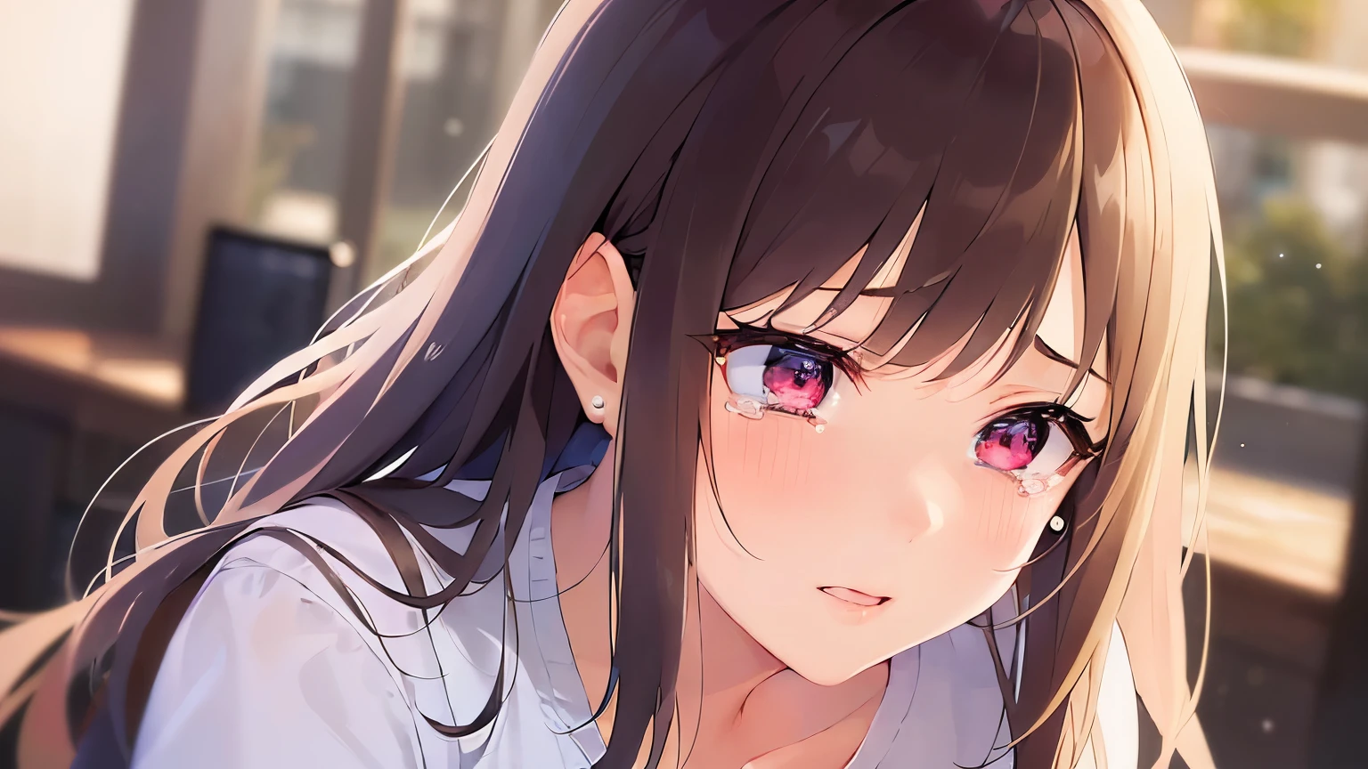 (looking away:1.5), Touching cheek, shooting from above、real person, RAW photo, photorealistic, portrait photography, shiny skin, japanese idol、A 25-year-old woman with bright chestnut bangs.、(long wavy hair) and (pink eyes), (white long Sleeve V-neck Blouse:1.2), (tears:1.3), The background is a café、Alone
