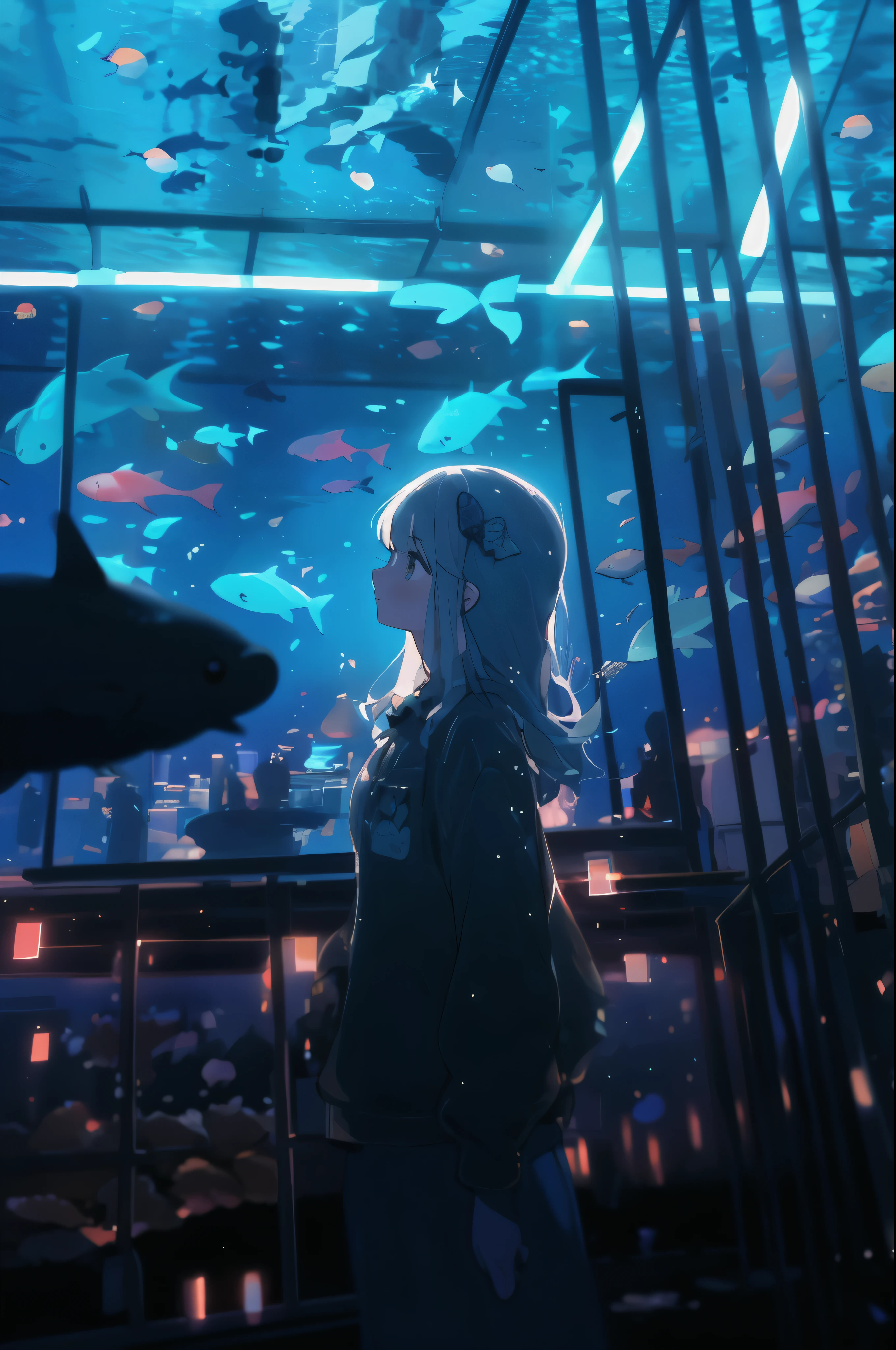 Aquarium at night,Different types of fish,highly detailed sea turtle,a dolphin,coral reef,realistic water,1girl,turn to the side, that'evening,delicate makeup,delicate eyes,The glthatter of water is reflected,beautiful appearance,Hair swaying