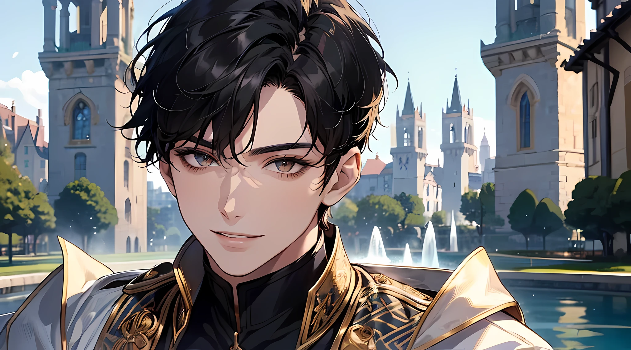 a potrait of 1 man, sharp black short hair, sharp golden eyes, wear white royal uniform, detailed face, plump lips, he is knight of light and very handsome ((20 year old face)), in fountain, medieval times, smile, blue sky, calm face, respected, talking