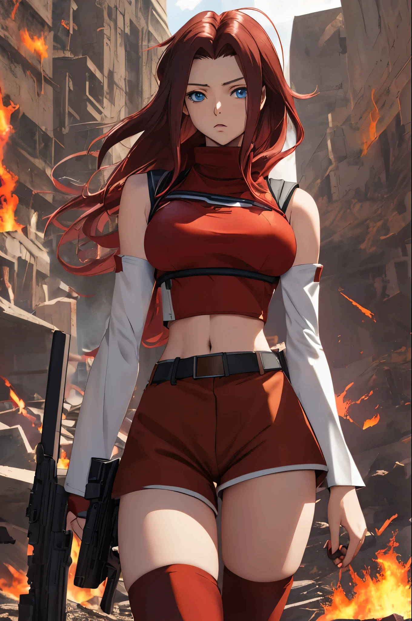 masterpiece, best quality, highly detailed, highres, hdr,
code geass, 1girl, solo, kallen stadtfeld,holding weapon, gun, holding gun, 
bare shoulders, midriff, (((brown sleeveless turtleneck))), red thighhighs, (((brown shorts))), red shirt, ((white detached sleeves)), clothing cutout, zettai ryouiki, white belt, red legwear,
blue eyes, large breasts, black hair, long hair,
cowboy shot, intense angle,
mksks style, beautiful background, detailed background, professional lightning, post-apocalypse, buildings, burning, fire, light particles,