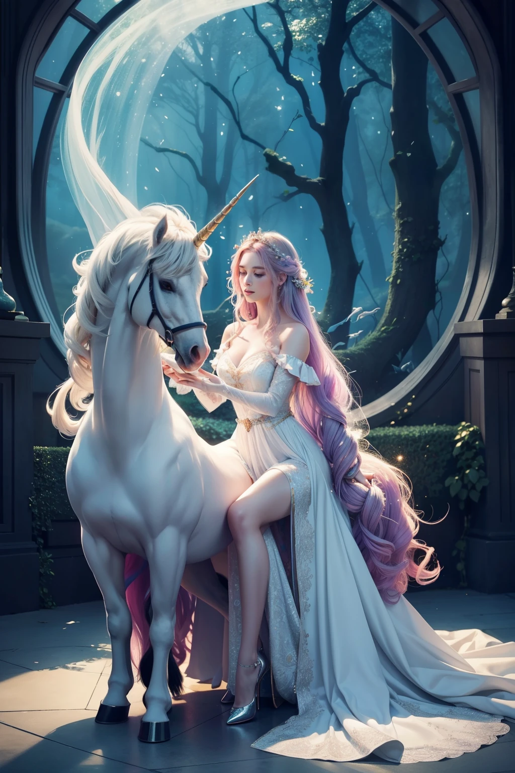 Enchanting Unicorn and Maiden, Masterpiece, Best Quality, Fantasy, Full Body Shot, --ar 1:1,
A captivating scene of an ethereal maiden gently caressing a majestic unicorn against a dreamlike, whimsical backdrop. Intricately detailed, this work of art showcases the unicorn's lustrous coat, spiraling horn, and soft, graceful movements. The maiden's delicate features, elegant gown, and flowing locks complete the magical fusion of beauty and harmony --ar 1:1.