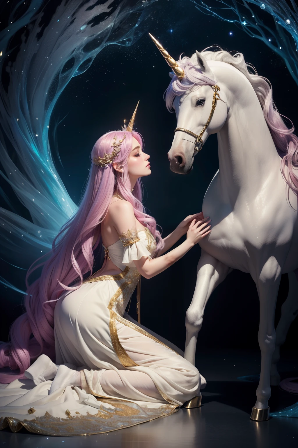 Enchanting Unicorn and Maiden, Masterpiece, Best Quality, Fantasy, Full Body Shot, --ar 1:1,
A captivating scene of an ethereal maiden gently caressing a majestic unicorn against a dreamlike, whimsical backdrop. Intricately detailed, this work of art showcases the unicorn's lustrous coat, spiraling horn, and soft, graceful movements. The maiden's delicate features, elegant gown, and flowing locks complete the magical fusion of beauty and harmony --ar 1:1.