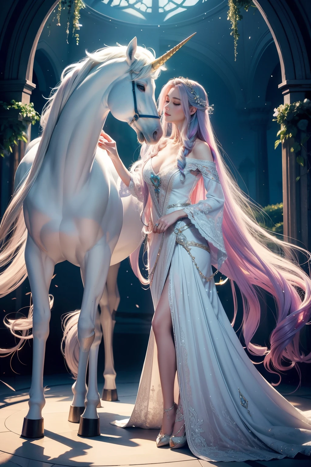 Enchanting Unicorn and Maiden, Masterpiece, Best Quality, Fantasy, Full Body Shot, --ar 1:1,
A captivating scene of an ethereal maiden gently caressing a majestic unicorn against a dreamlike, whimsical backdrop. Intricately detailed, this work of art showcases the unicorn's lustrous coat, spiraling horn, and soft, graceful movements. The maiden's delicate features, elegant gown, and flowing locks complete the magical fusion of beauty and harmony --ar 1:1.
