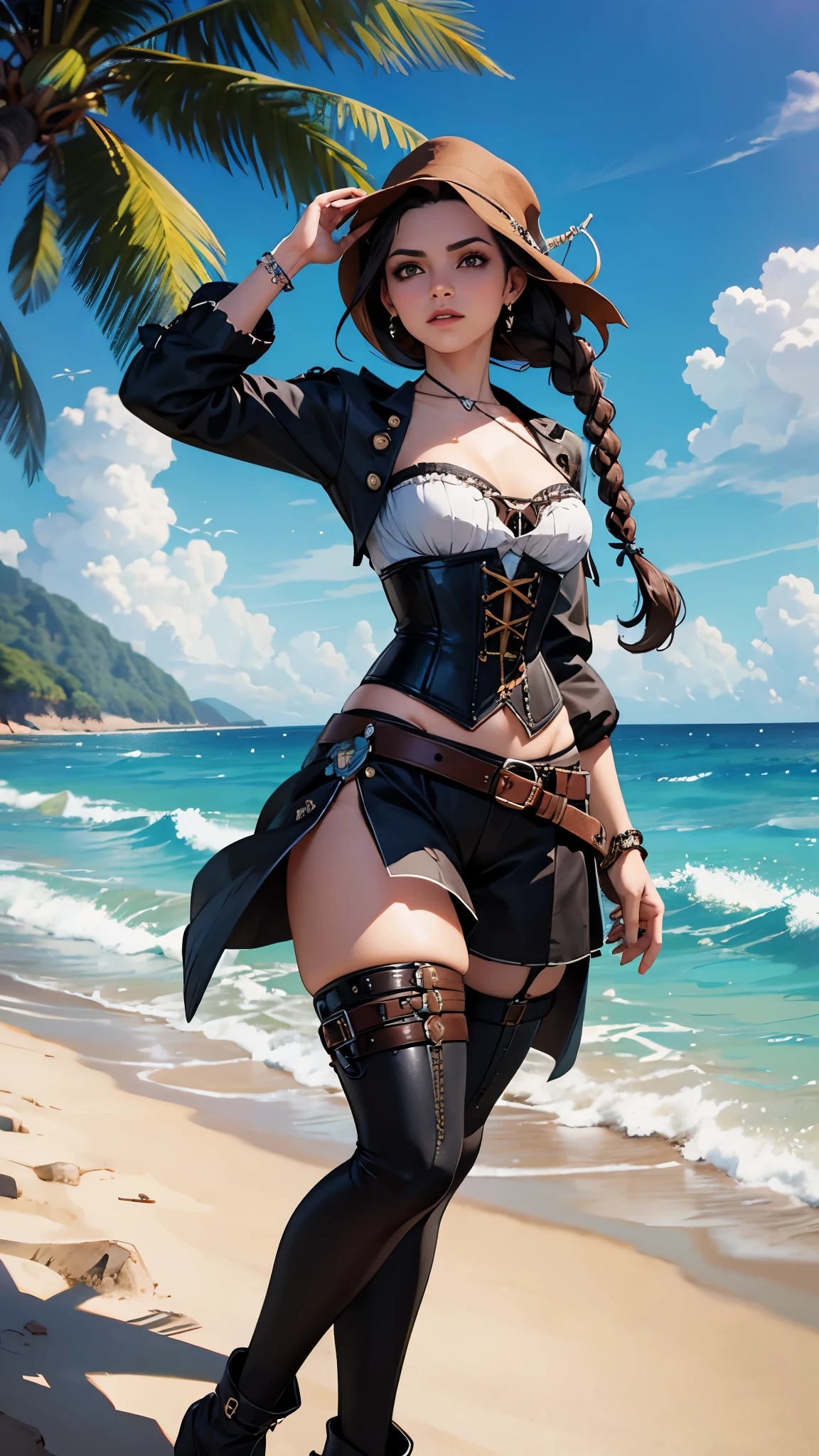 garota pirata,corpo inteiro,roupas rasgadas,corset,botas de couro,segurando uma garrafa de rum pirata,cabelos vermelhos ,Braided hair,serious expression,pose sexy,serios pequenos,quadril largo, navio pirata ao fundo, praia,piradas do caribe, sea of thieves, skull and bones, ilha ao fundo, alto mar, detalhado, hand-drawn, art nouveau