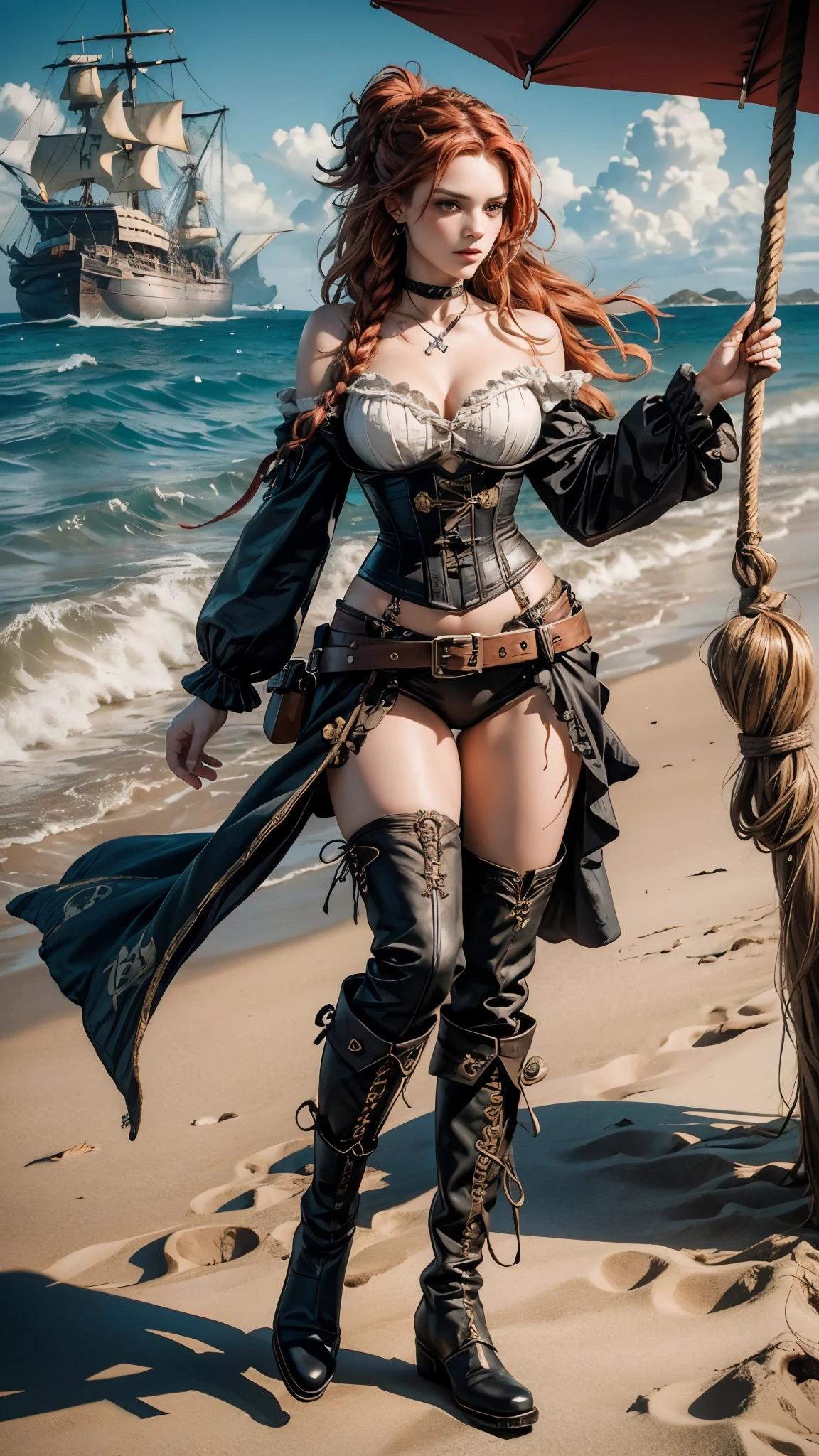 (Top Quality, 8k), Pirate girl, Full body, Ragged clothes, Corset, Leather boots, Holding a barrel of pirate rum, Red braided hair, Serious expression, Seductive pose, but curvaceous, Pirate ship at the back, Beach, Caribbean piracy, Sea of Thieves, Skull and bones emblem, Island in the background, Open sea, Detailed, Hand-drawn illustration, Art Nouveau inspired.
The pirate girl stands confidently on the sandy beach, her corseted waist accentuating her long, large hip. Her red braided hair falls in soft waves over her shoulders, a