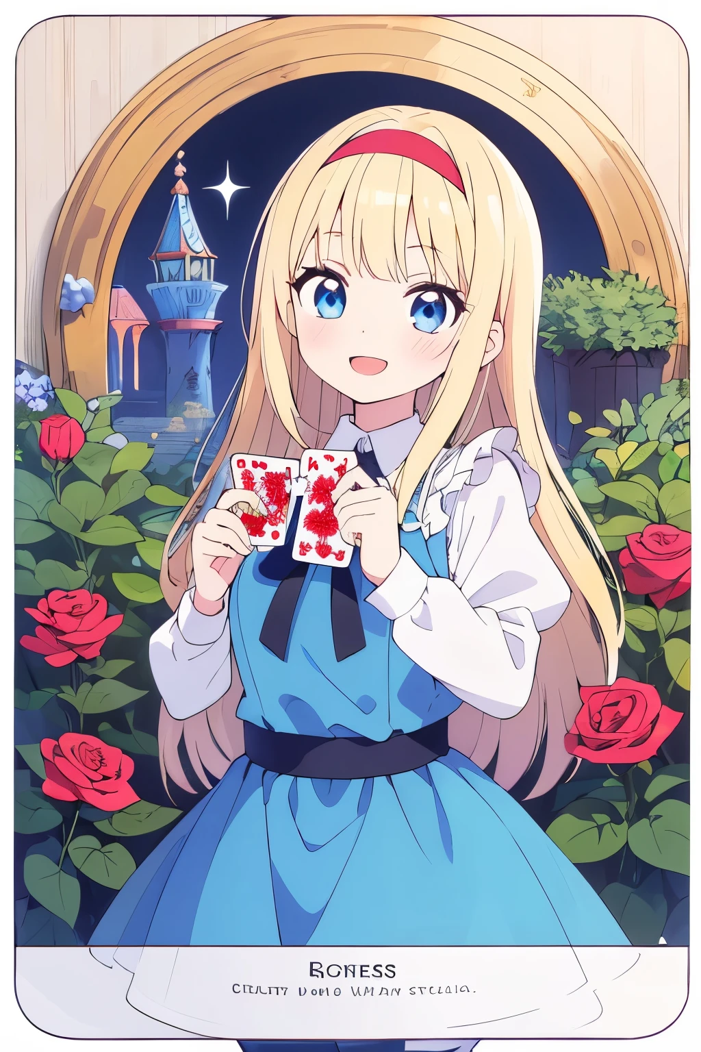Garden background, highest quality, alone, 1 girl, (blonde hair), (Black Hair Ribbon), (long hair), pale blue eyes, alice in wonderland, Alice's clothes、 one piece, playing cards、Garden of Roses、fantasy、best smile
