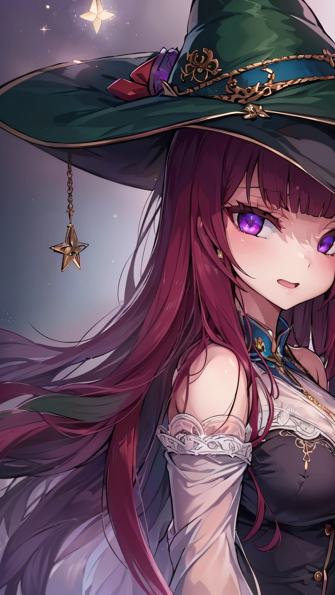 {best quality},{highly detailed},{ultra-detailed},masterpiece,1girl，solo，purple eyes，Long dark red hair，(((beautiful girl))),(((Witch image)))，Wide hat，Mysterious character，magician
