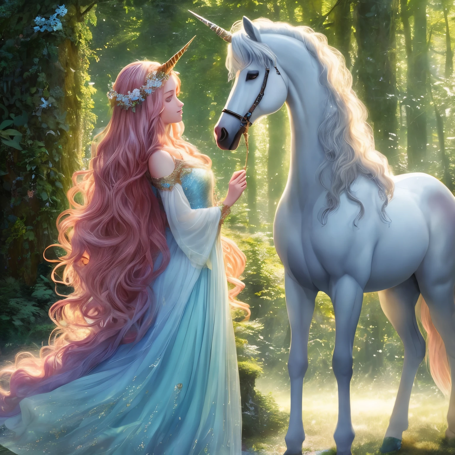 A captivating full body shot of a radiant maiden in a whimsical enchanted forest, tenderly caressing a majestic unicorn with iridescent horn, bathed in ethereal moonlight. The maiden, adorned in a flowing gown of pastel hues, shows a gentle smile on her angelic face. Her long, wavy auburn hair cascades down her back, blending seamlessly with the lush greenery. The unicorn, with its radiant mane and tail, looks intently at the maiden with trust and affection, reflecting the magic and wonder of the fantasy realm. The scene, depicted in an --ar 