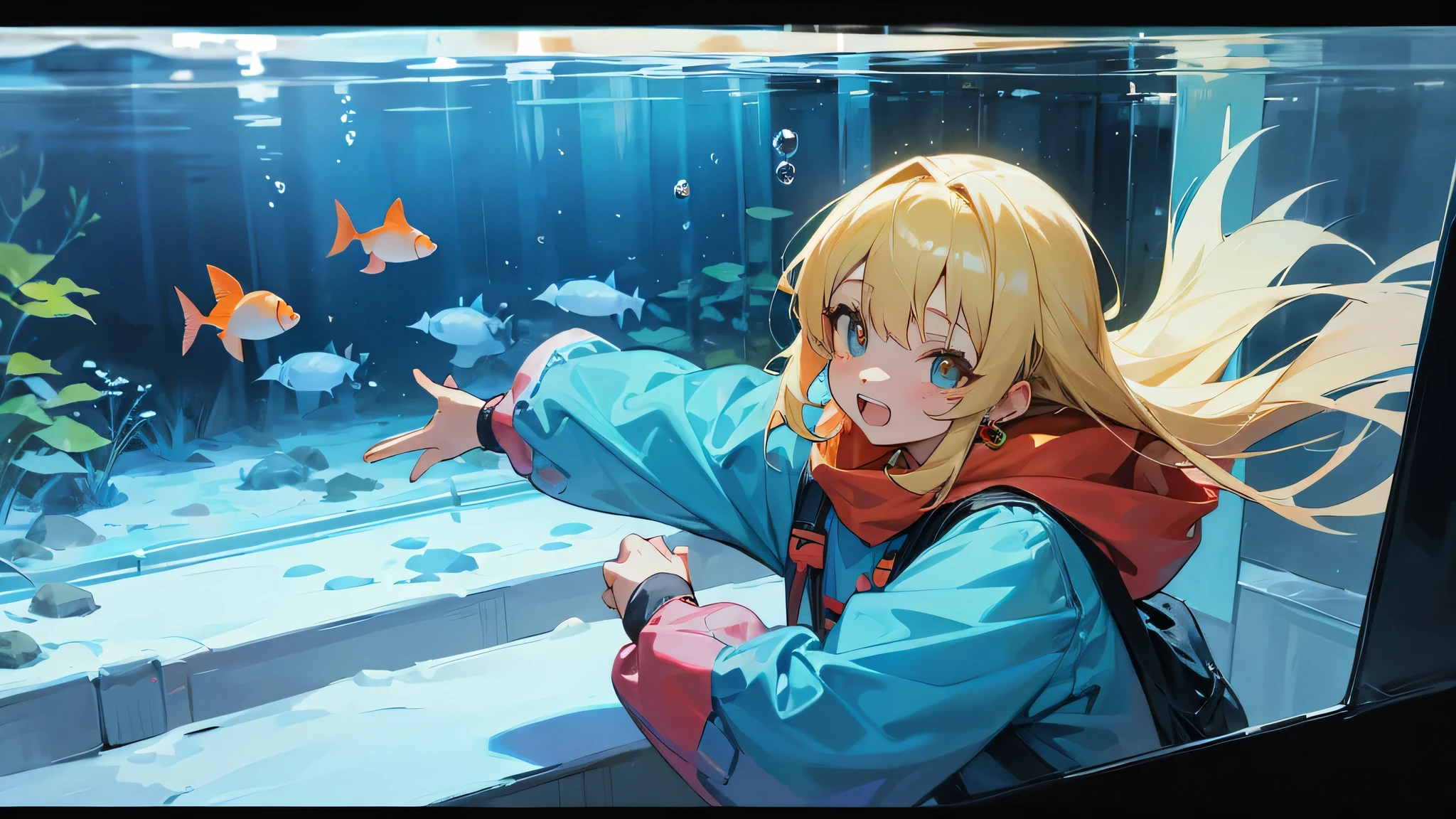 anime girl, blonde, Active, double teeth, cute, Winter clothes, earrings, aquarium, tropical fish